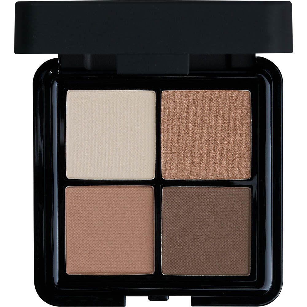 Palette d'ombres à paupières carrée avec 4 couleurs beiges et marron. Cadre noir.