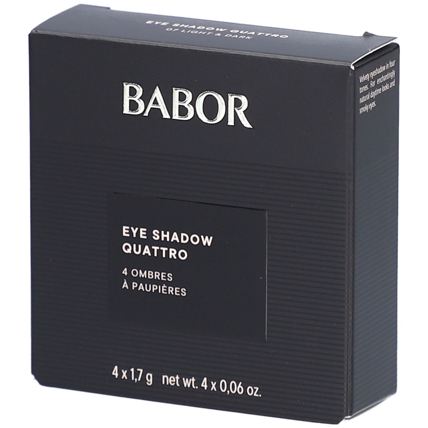 Zwarte Babor-verpakking. Opschrift: EYE SHADOW QUATTRO, 4 Ombres à paupières. Onder: 4 x 1,7 g net wt. 4 x 0,06 oz.