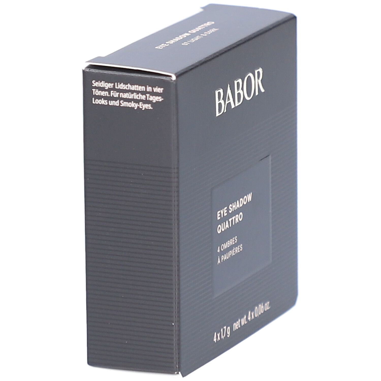 Zwarte Babor-verpakking. Opschrift: EYE SHADOW QUATTRO, 4 Ombres à paupières. Onder: 4 x 1,7 g net wt. 4 x 0,06 oz.