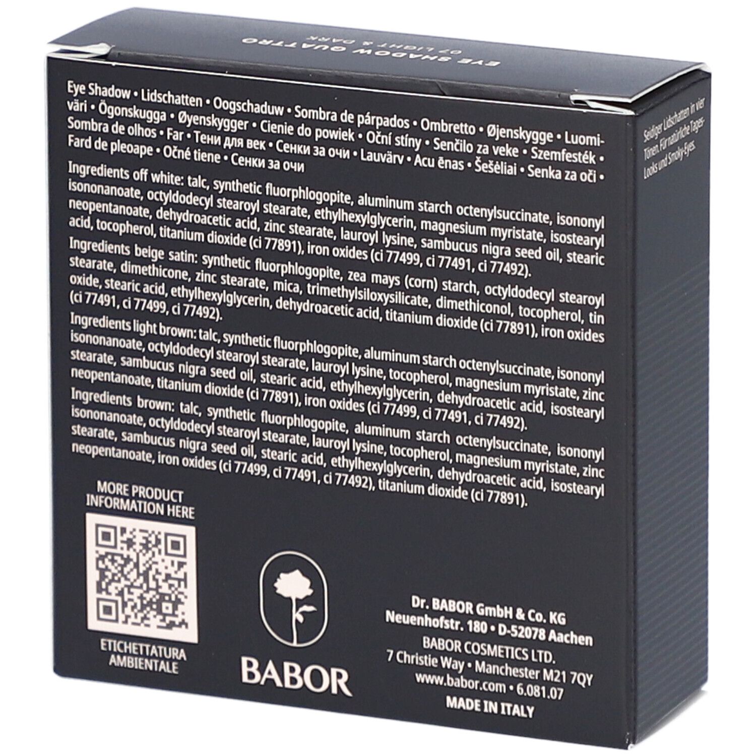 Zwarte Babor-verpakking. Opschrift: EYE SHADOW QUATTRO, 4 Ombres à paupières. Onder: 4 x 1,7 g net wt. 4 x 0,06 oz. Ingrediënten op de achterkant.