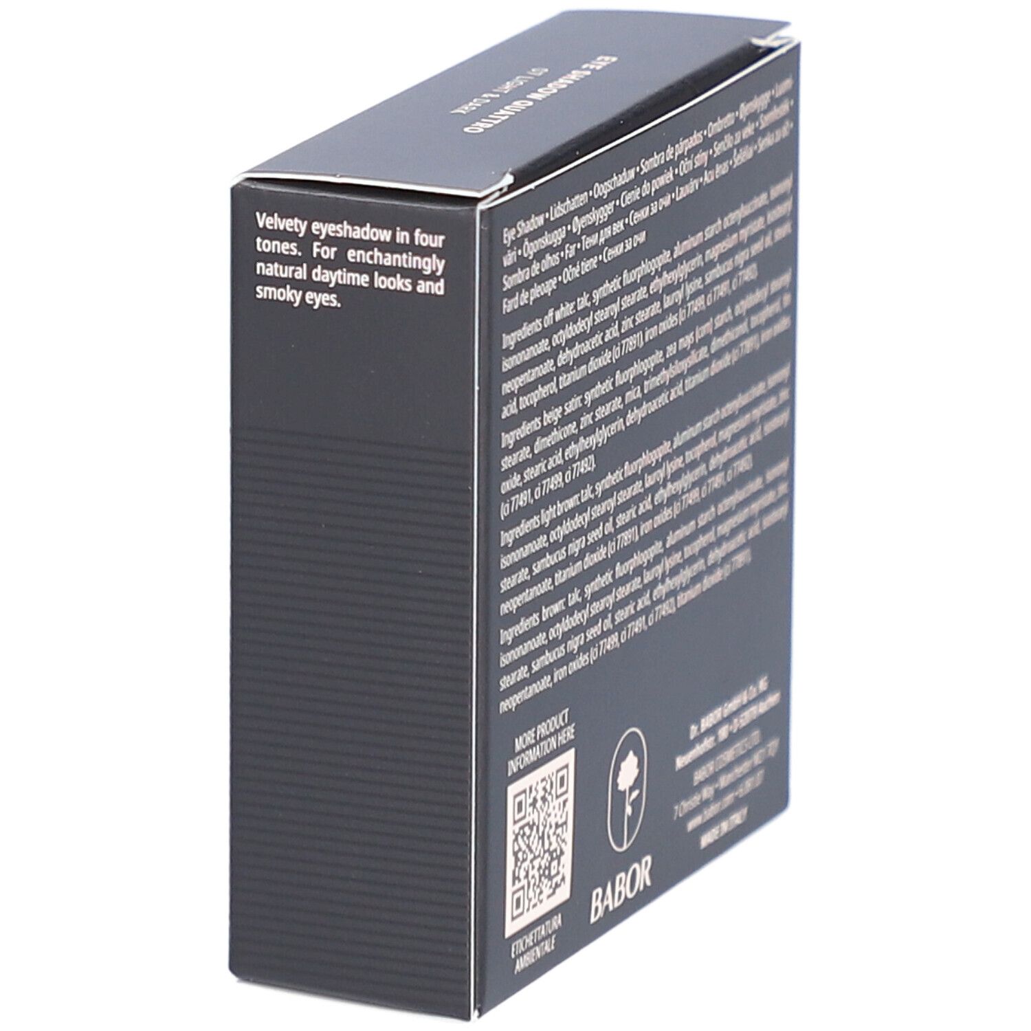 Zwarte Babor-verpakking. Opschrift: EYE SHADOW QUATTRO, 4 Ombres à paupières. Onder: 4 x 1,7 g net wt. 4 x 0,06 oz. Ingrediënten op de achterkant.