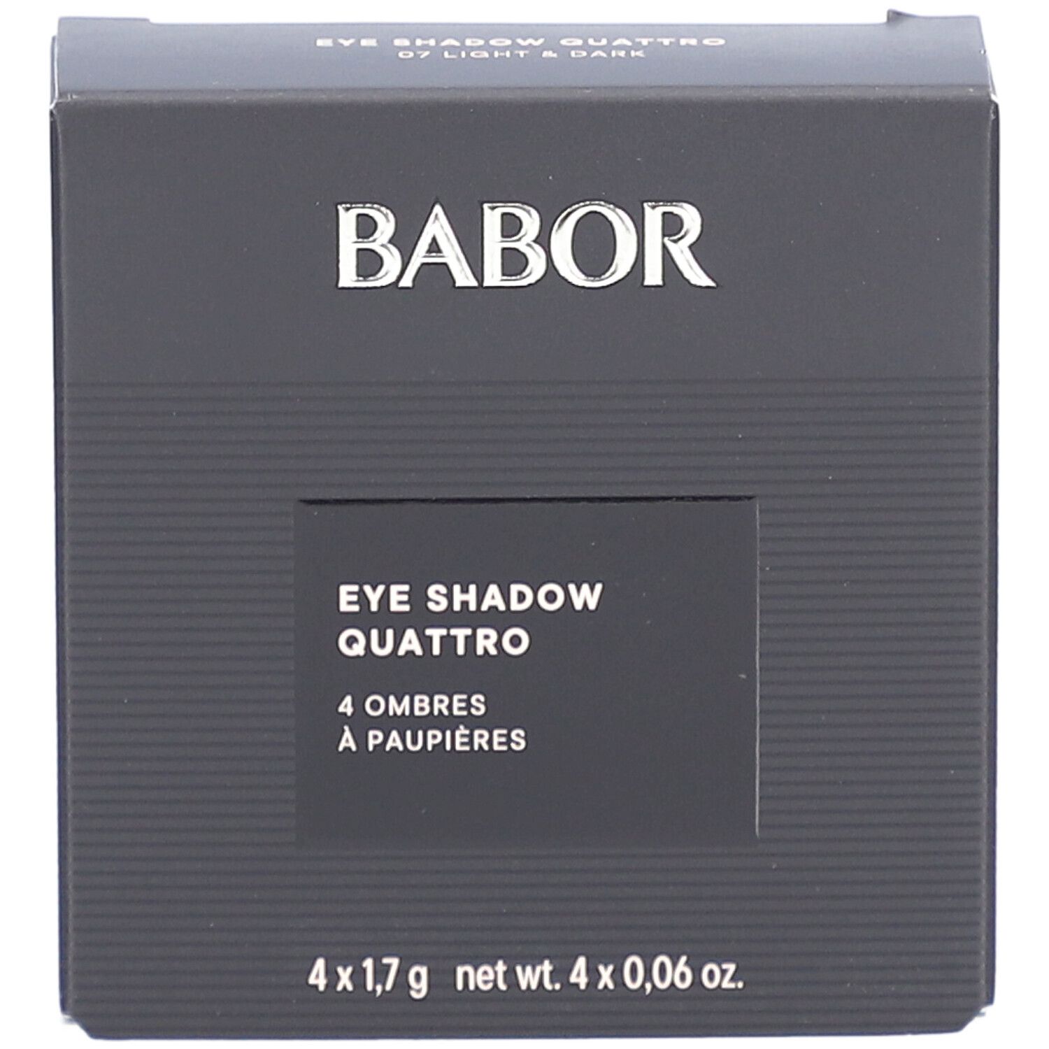 Zwarte Babor-verpakking. Opschrift: EYE SHADOW QUATTRO, 4 Ombres à paupières. Onder: 4 x 1,7 g net wt. 4 x 0,06 oz.