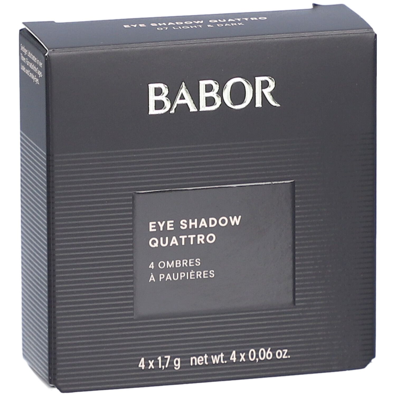 Zwarte Babor-verpakking. Opschrift: EYE SHADOW QUATTRO, 4 Ombres à paupières. Onder: 4 x 1,7 g net wt. 4 x 0,06 oz.