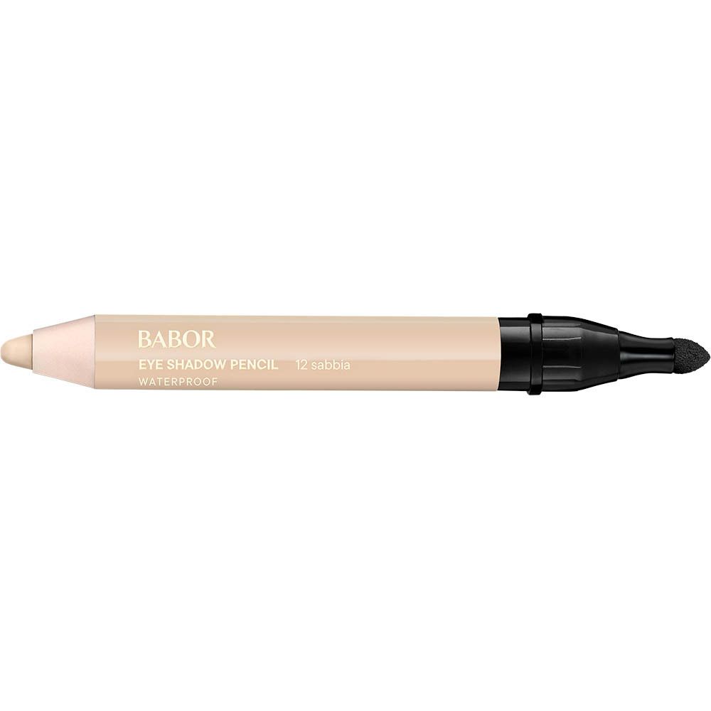 Crayon fard à paupières beige avec capuchon noir et applicateur. Inscription.