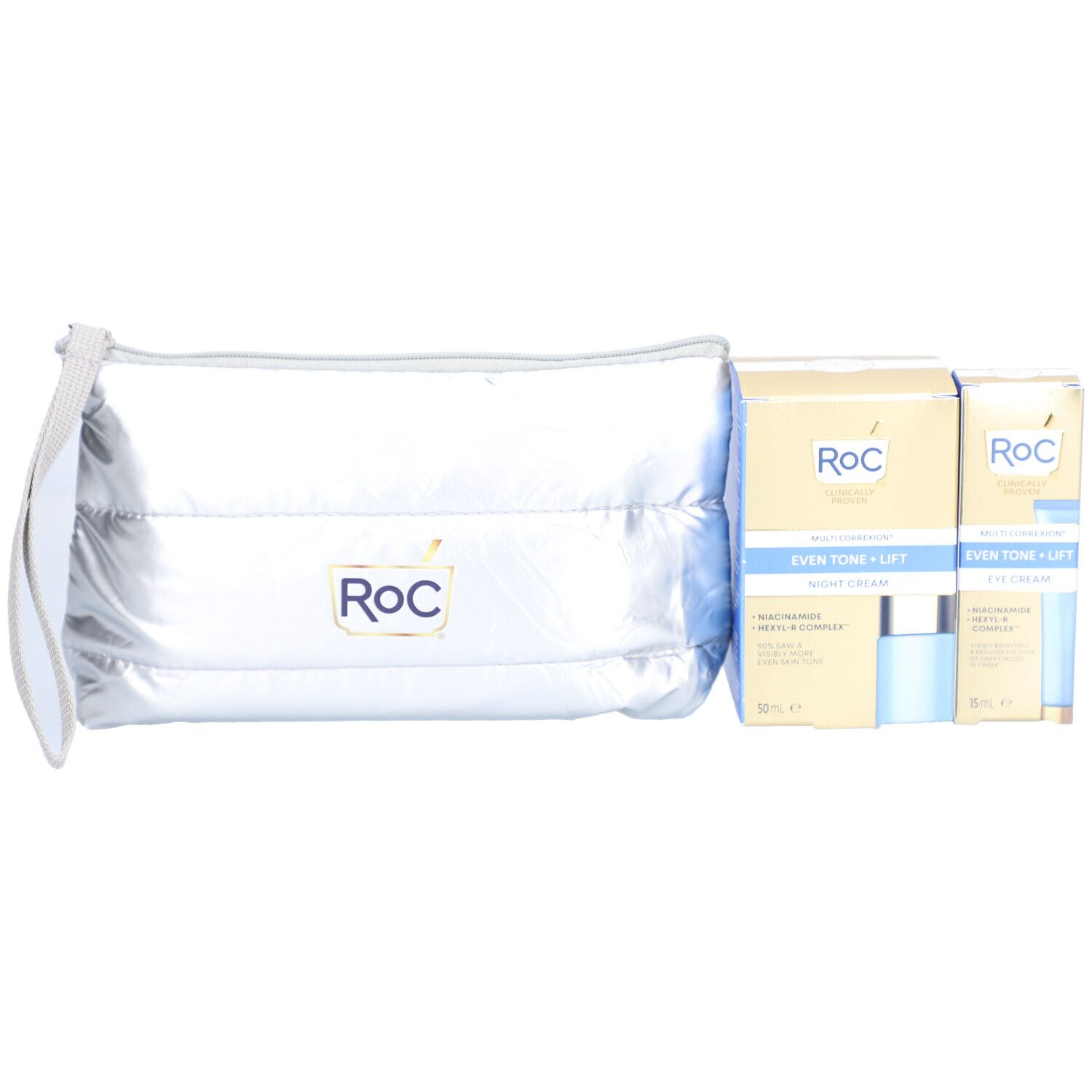 Zilverkleurige make-uptas met ritssluiting en handvat, met twee dozen RoC-producten.