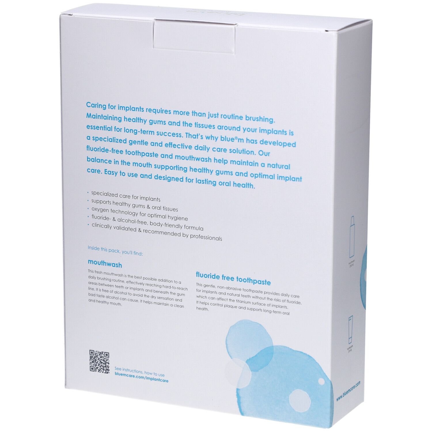 Dos de la boîte blanche. Texte sur l'hygiène buccale pour implants. Inscription: bain de bouche, dentifrice sans fluor.