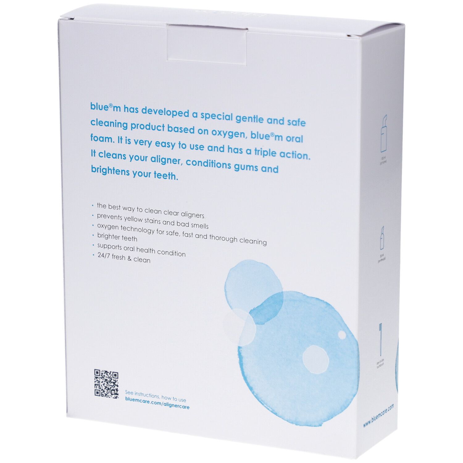 Dos de la boîte blanche. Texte : blue®m oral foam, description. Code QR et adresse du site web. Illustrations aquarelle bleues.
