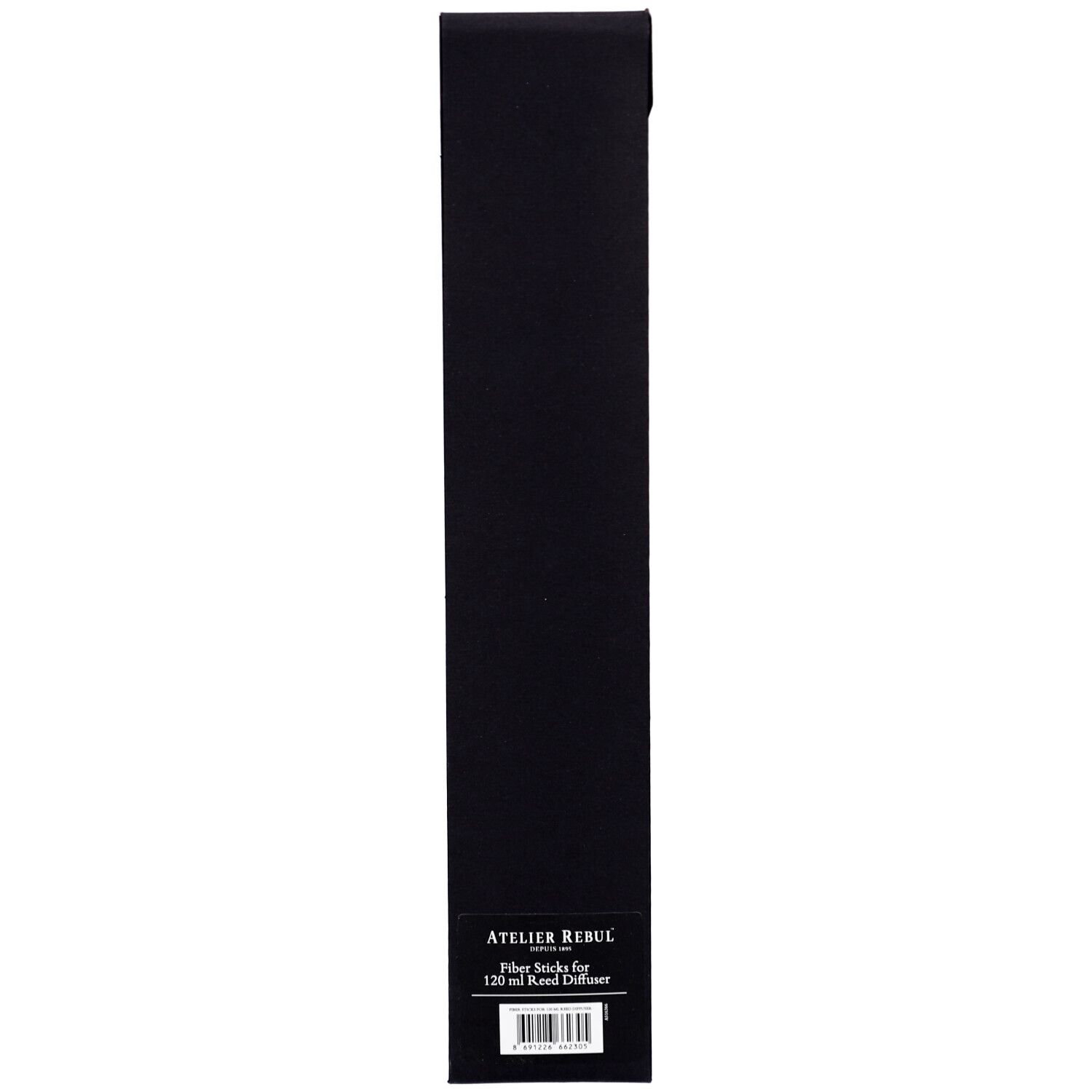 Zwarte, langwerpige productverpakking. Opschrift: Atelier Rebul, Fiber Sticks voor 120 ml Reed Diffuser. Streepjescode.