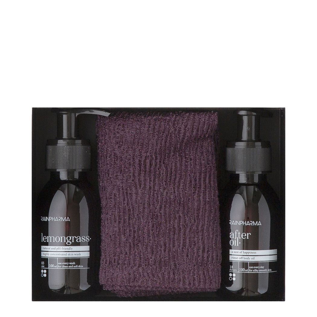Zwarte doos met twee flessen en een paarse washand. Flessen met Rainpharma-logo en productnamen.