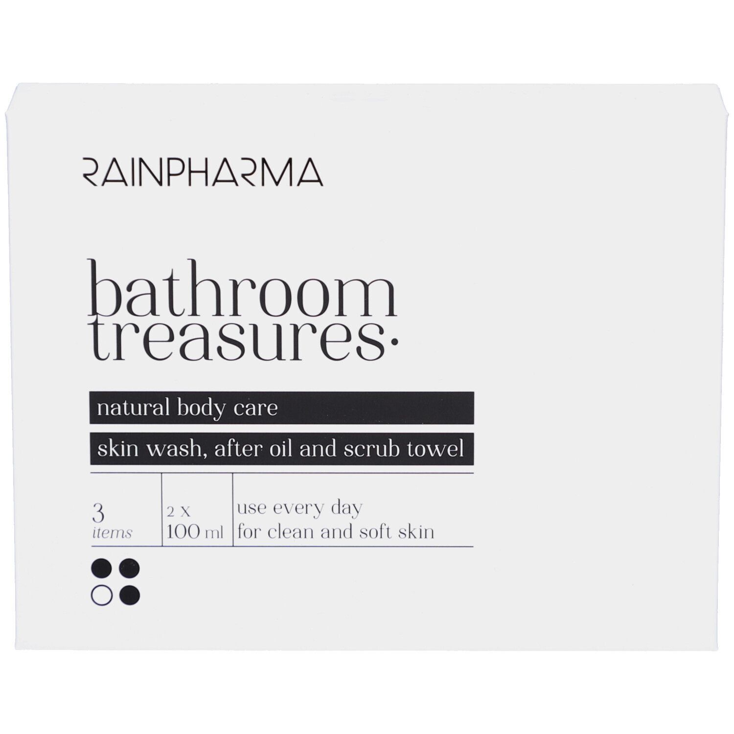 Witte verpakking met Rainpharma-logo en tekst 'Bathroom Treasures'. Bevat 'natural body care' en productnamen. 3 items.