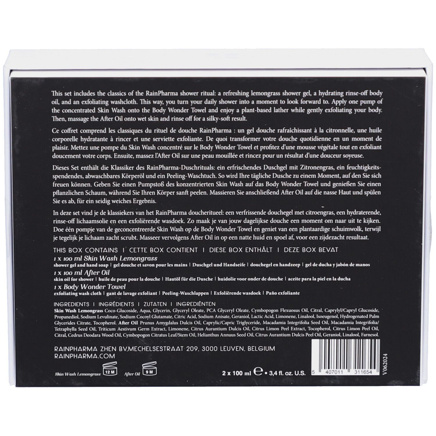 Achterkant van de verpakking met tekst in meerdere talen. Bevat ingrediënten en informatie over Rainpharma.