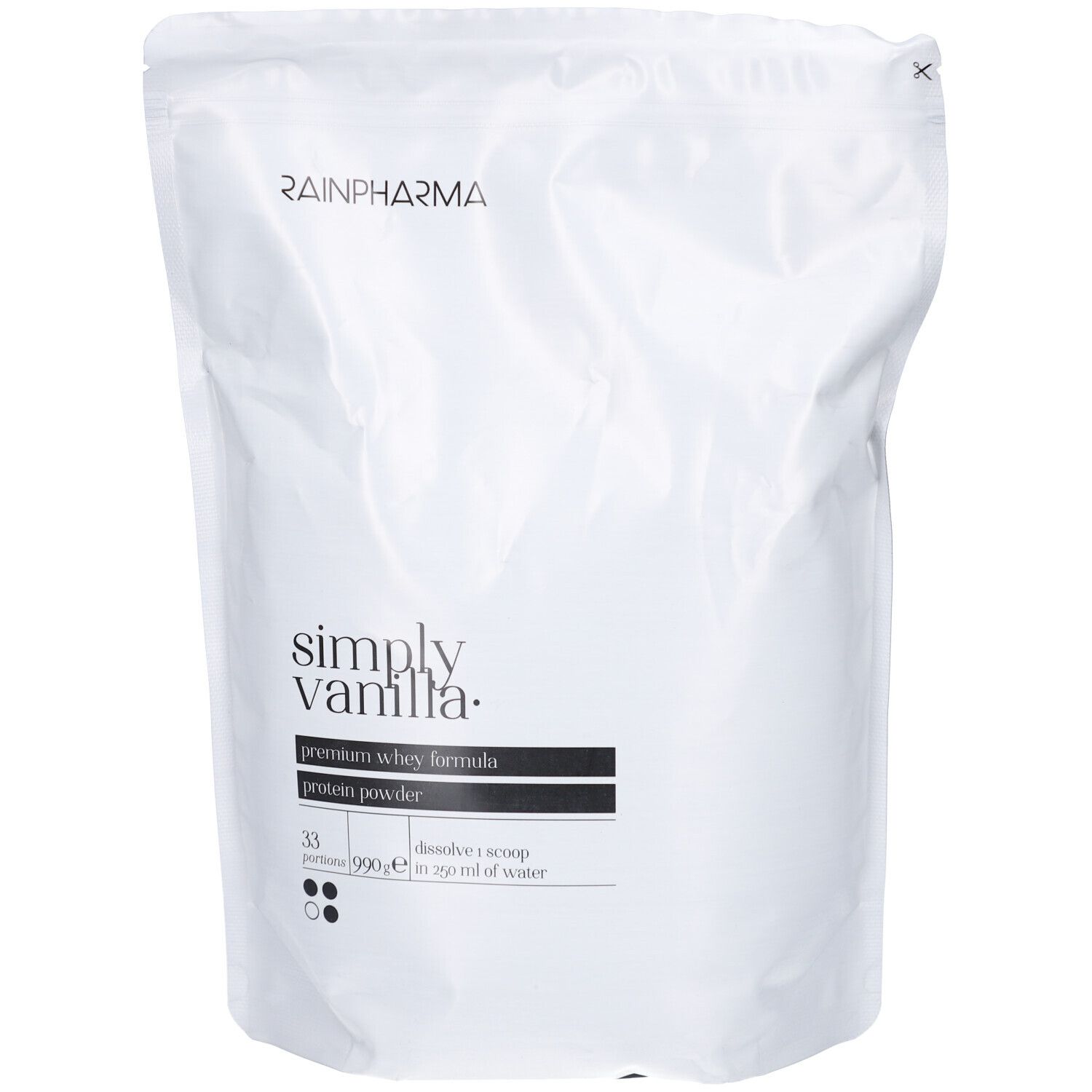 Sachet blanc avec logo RainPharma et inscription "simply vanilla.". Contient une formule de protéines de lactosérum premium, poudre de protéines. 33 portions, 990g.