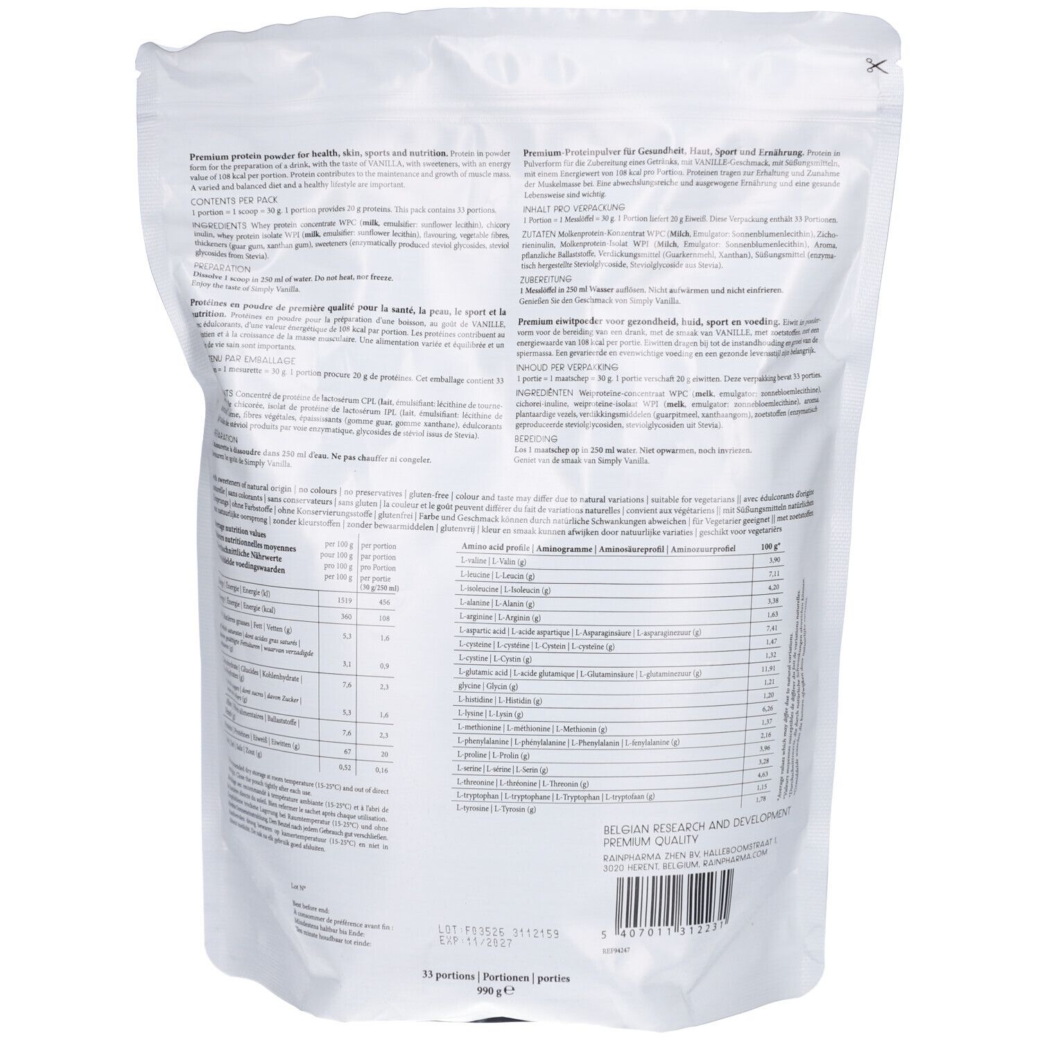 Dos du sachet blanc. Texte en plusieurs langues, dont l'allemand, le français, l'italien et le néerlandais. Contient des informations nutritionnelles.