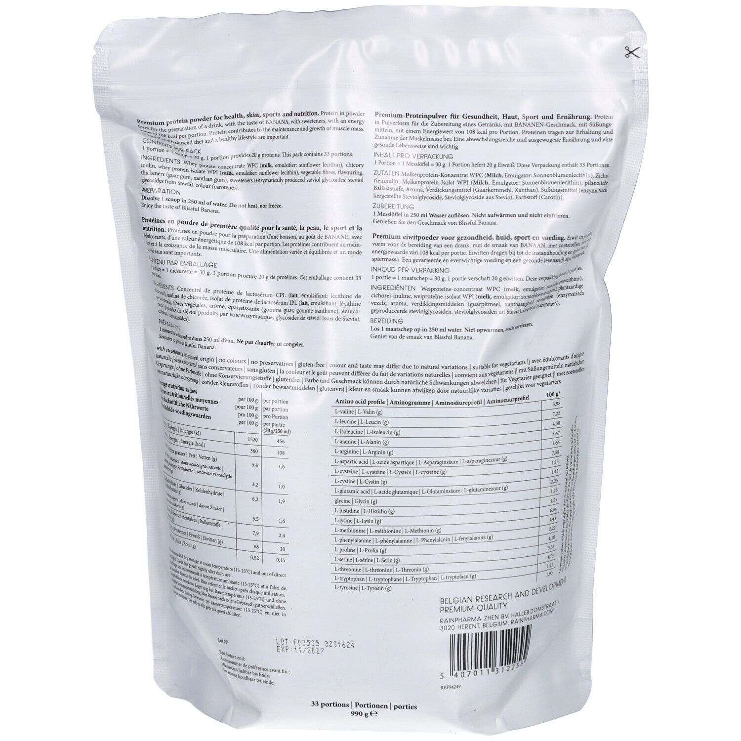 Dos du sachet blanc avec texte. Contient des informations sur les ingrédients, la valeur nutritionnelle et la préparation. Avec code-barres et informations du fabricant.