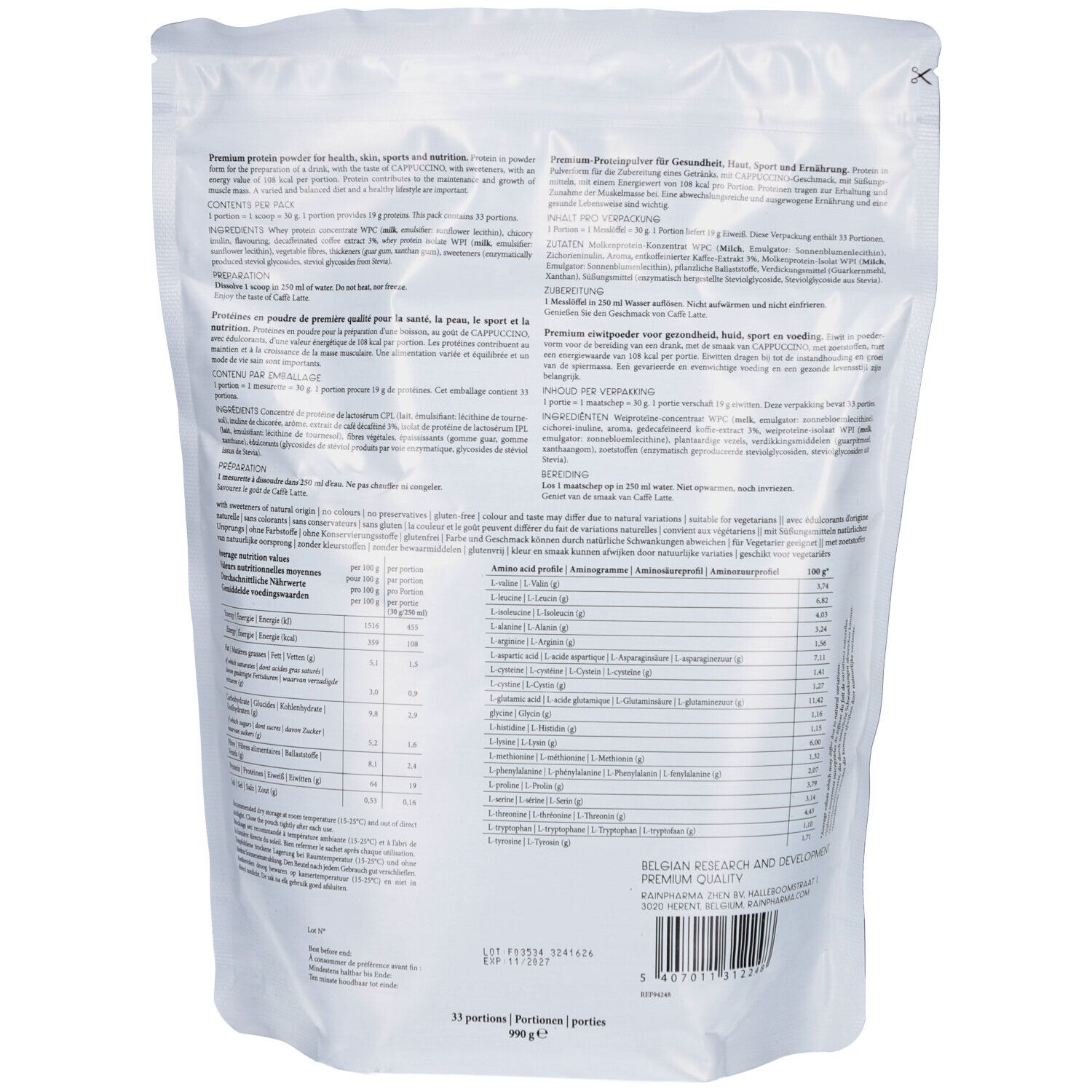 Achterkant van de witte RainPharma verpakking. Meertalige tekst, voedingswaarde, ingrediëntenlijst. Belgisch product.