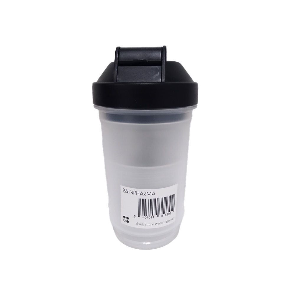 Shaker noir et blanc. Étiquette avec code-barres et texte. Matériau translucide.