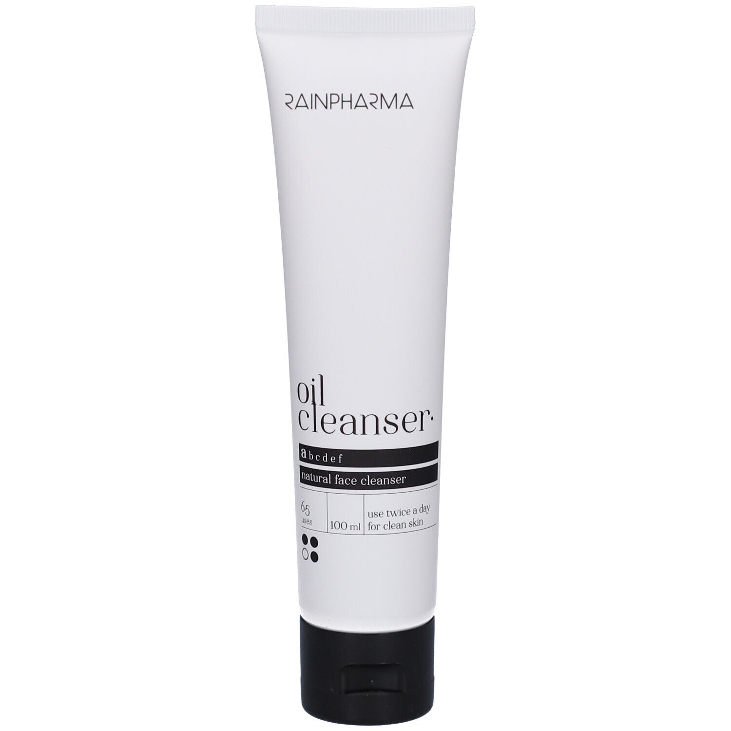 Witte tube met zwarte dop. Opschrift: Rainpharma, oil cleanser, abcdef, natural face cleanser.