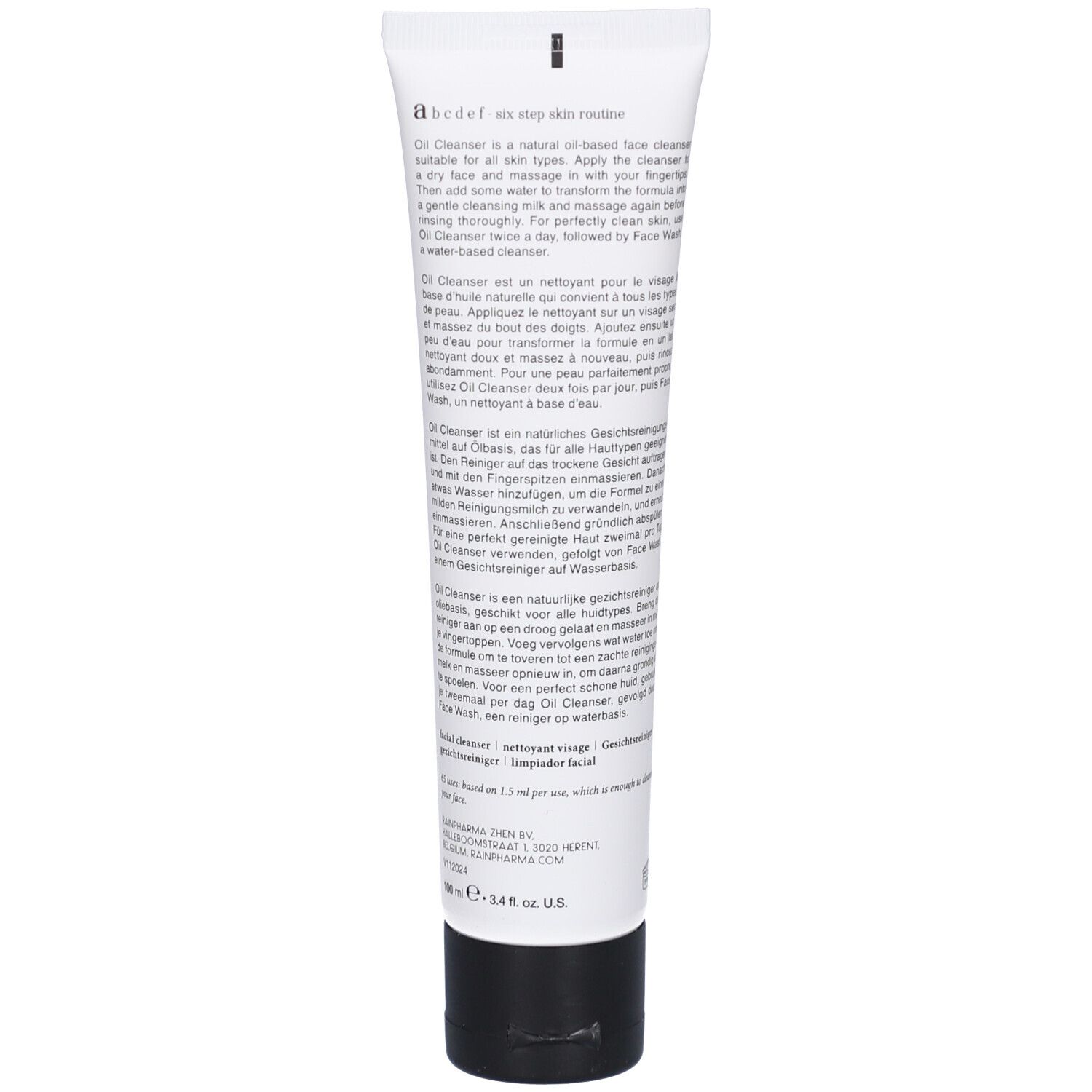 Achterkant van de tube. Tekst in meerdere talen. Productnaam: Oil Cleanser. Ingrediënten en gebruiksaanwijzing.