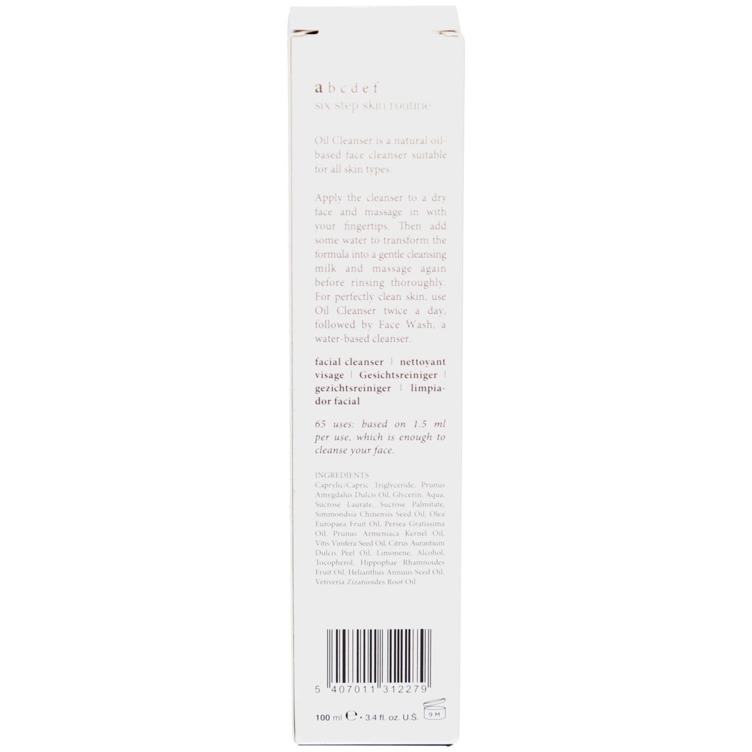 Achterkant van de doos. Tekst in meerdere talen. Productnaam: Oil Cleanser. Ingrediënten en gebruik.