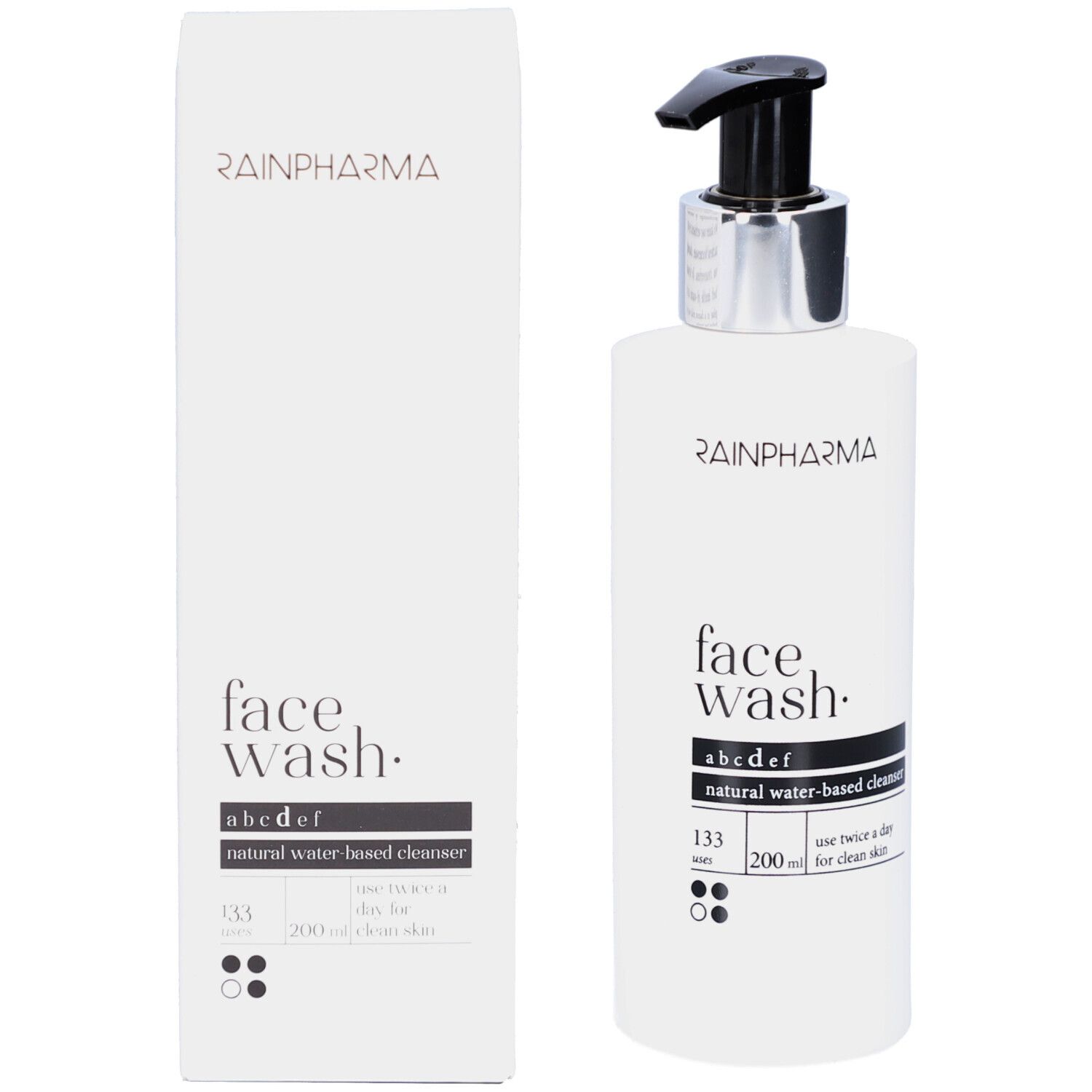 Witte fles en doos. Opschrift: Rainpharma, face wash, abcdef, 200 ml.