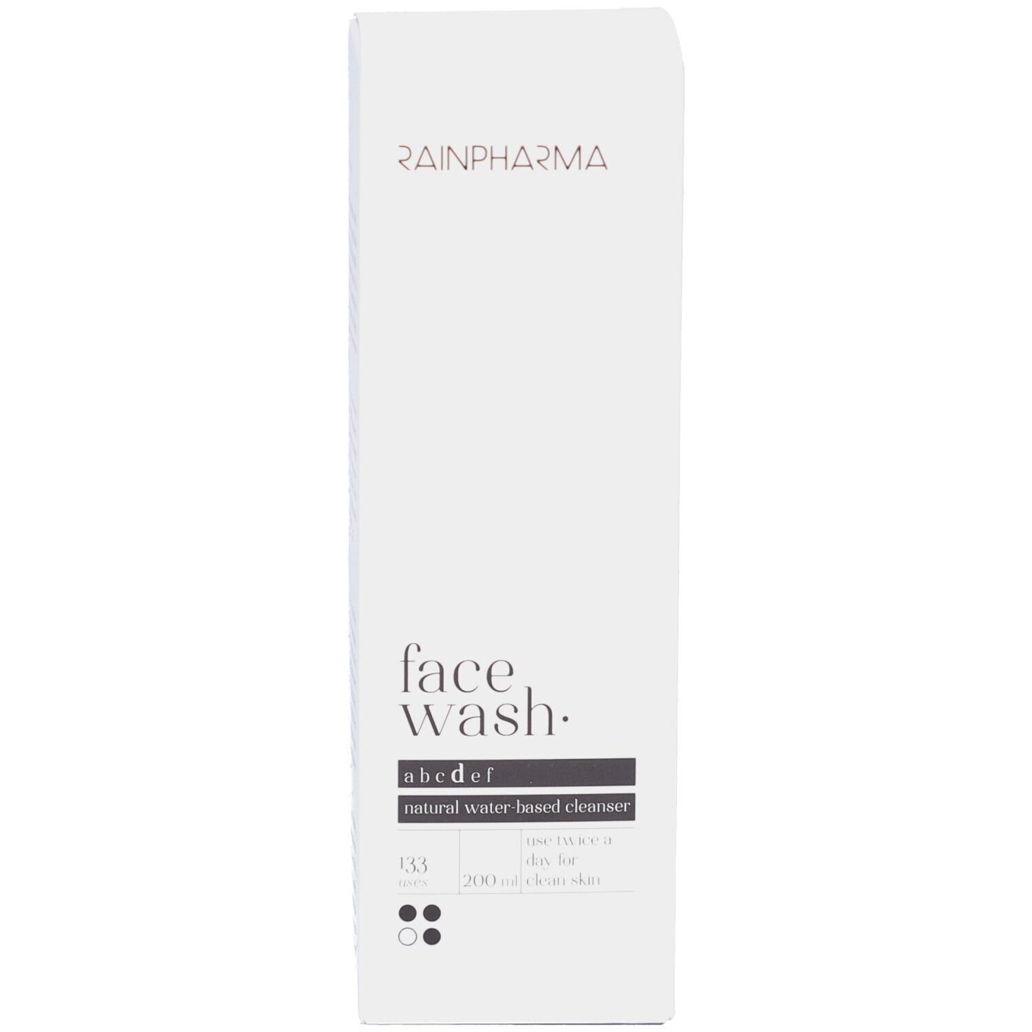 Witte doos. Opschrift: Rainpharma, face wash, abcdef, 200 ml.