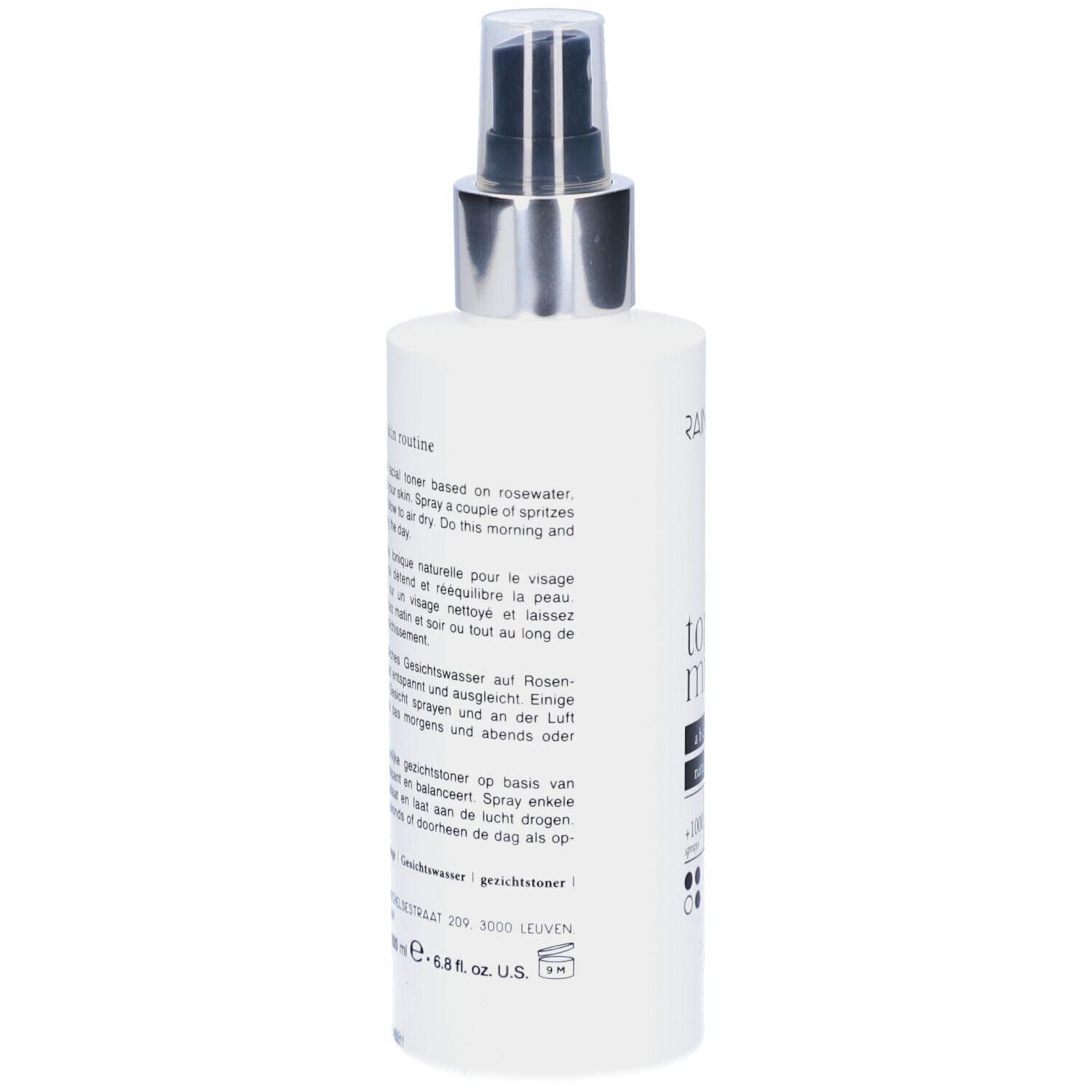 Achterkant van de witte fles met verstuiver. Tekst in meerdere talen. Merk Rainpharma. Productnaam Toning Mist.