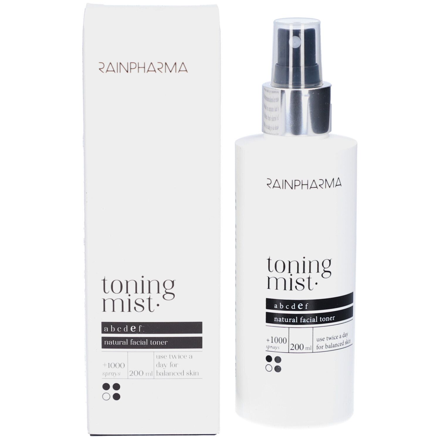 Productverpakking: fles en doos. Opschrift: Rainpharma, Toning Mist, natural facial toner. Zwart etiket.