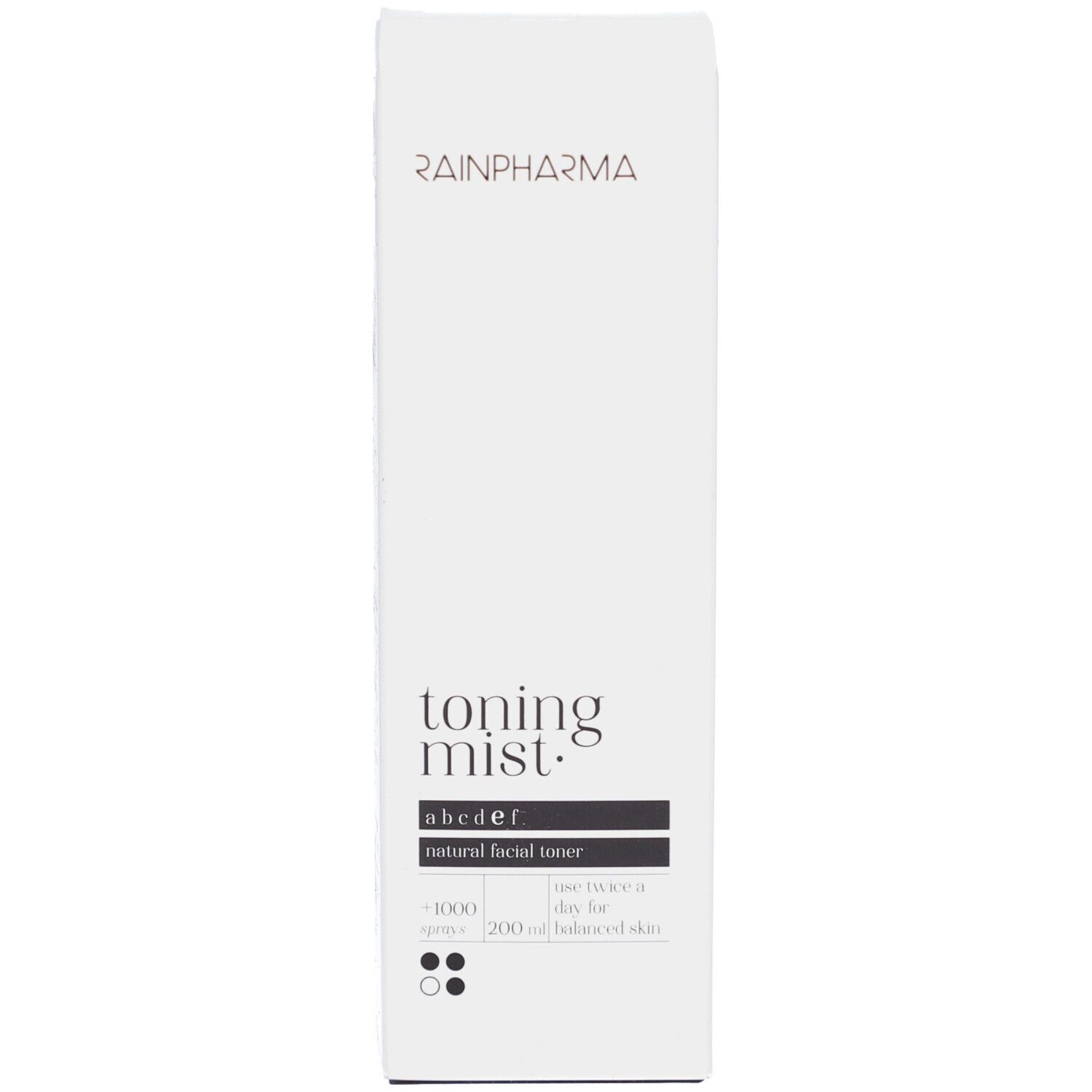 Productverpakking: doos. Opschrift: Rainpharma, Toning Mist, natural facial toner. Zwart etiket met tekst.