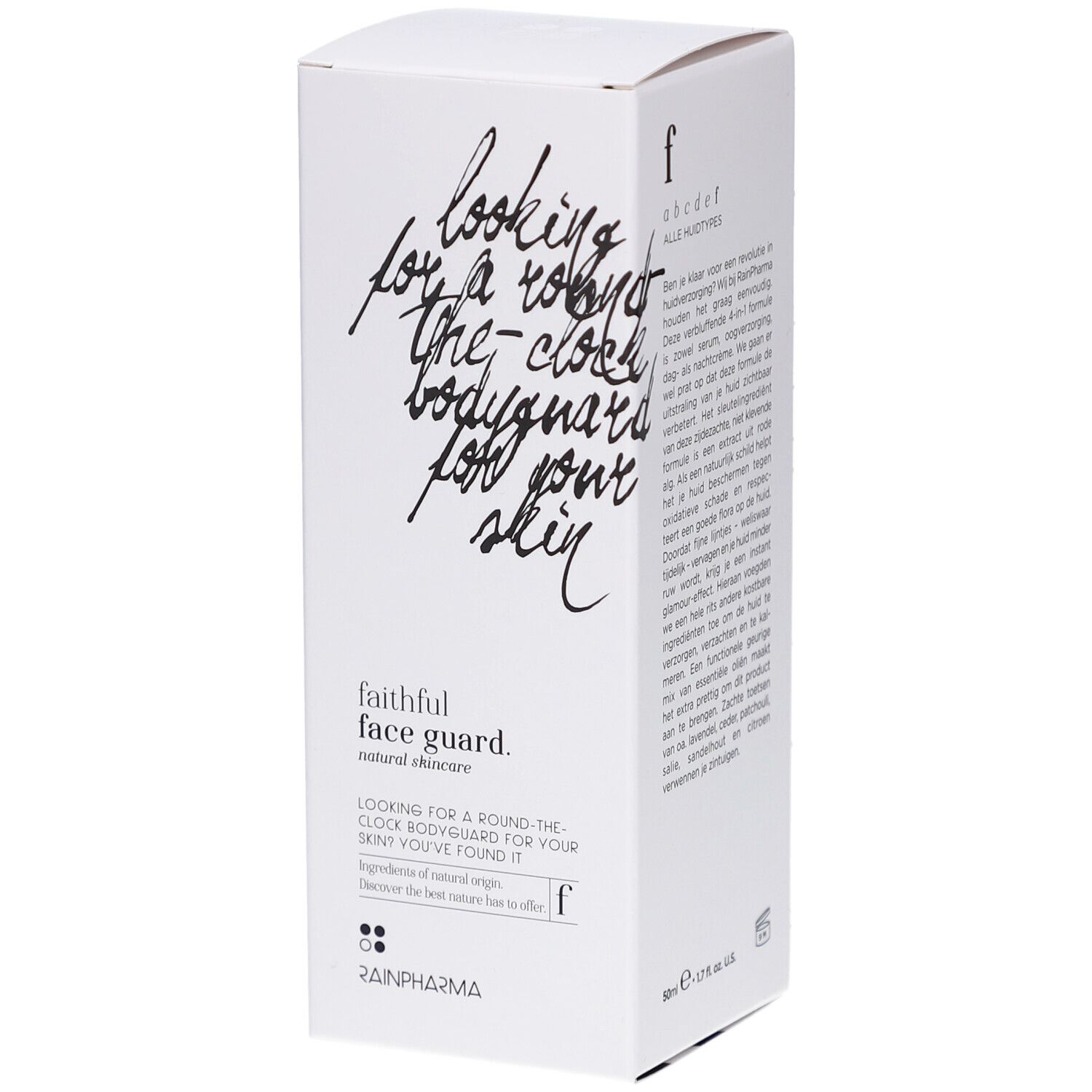 Emballage RainPharma Faithful Face Guard. Boîte blanche avec texte noir. Nom du produit et logo visibles.