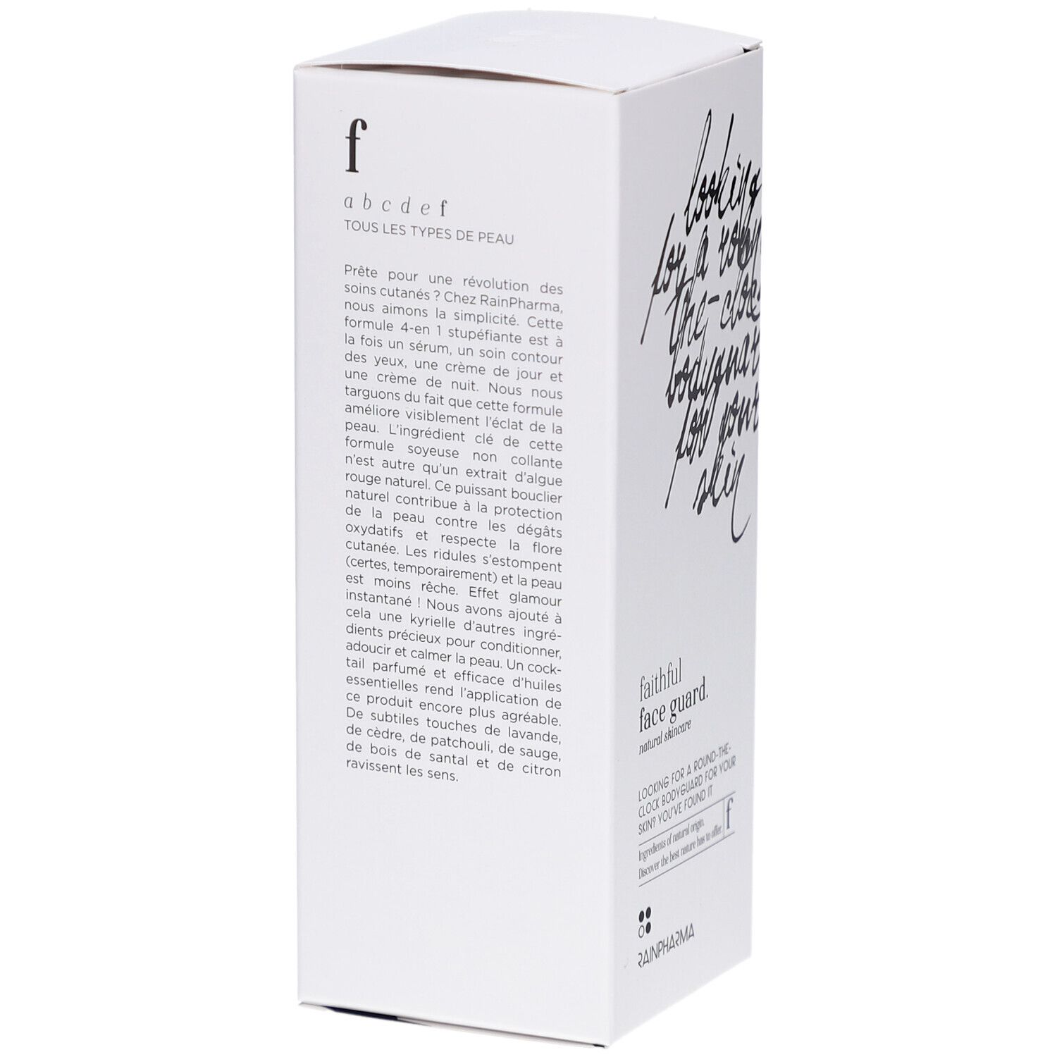 Emballage RainPharma Faithful Face Guard. Dos avec texte multilingue. Boîte blanche.
