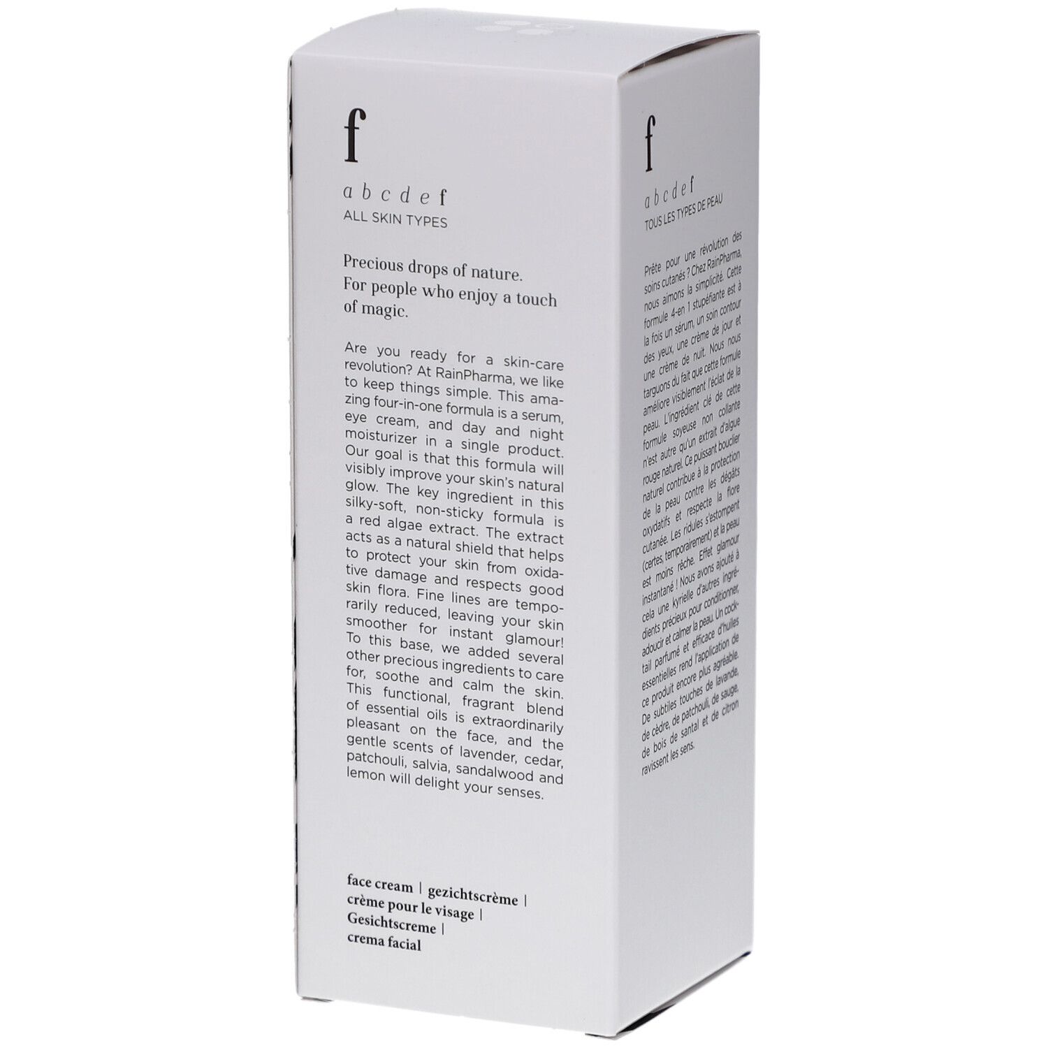 Emballage RainPharma Faithful Face Guard. Côté avec texte multilingue. Boîte blanche.