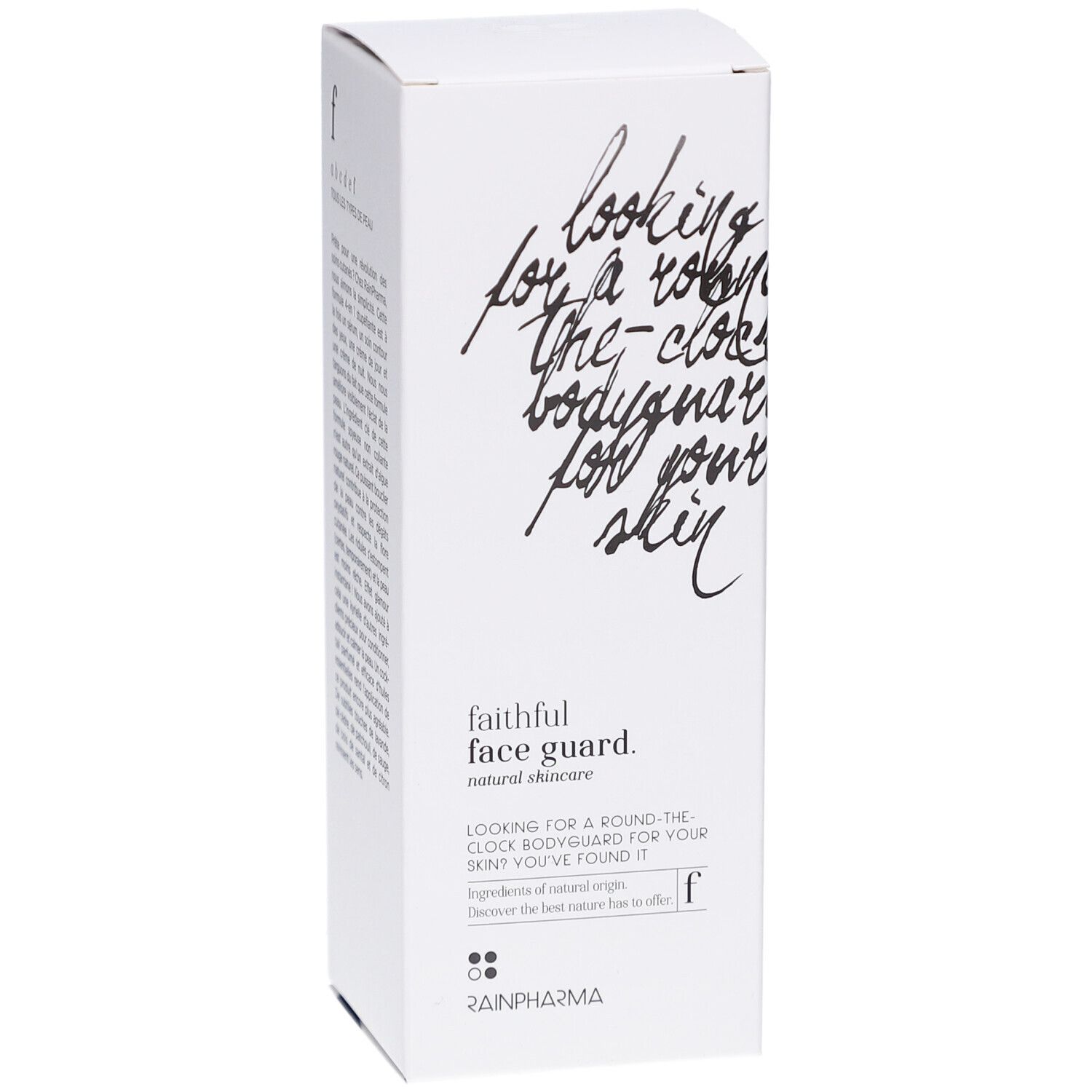 Emballage RainPharma Faithful Face Guard. Face avant avec nom et logo du produit. Boîte blanche.
