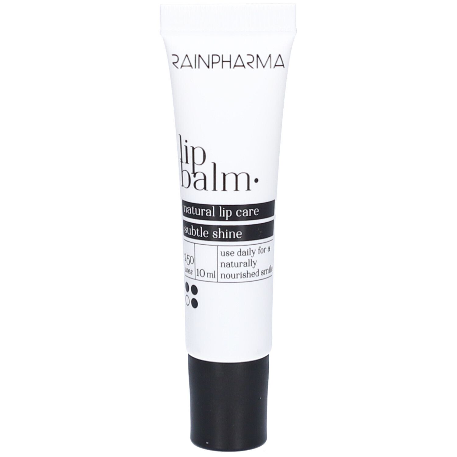 Rainpharma Lip Balm tube. Wit, zwarte dop. Tekst: Lip balm, natural lip care, subtle shine. 10 ml.