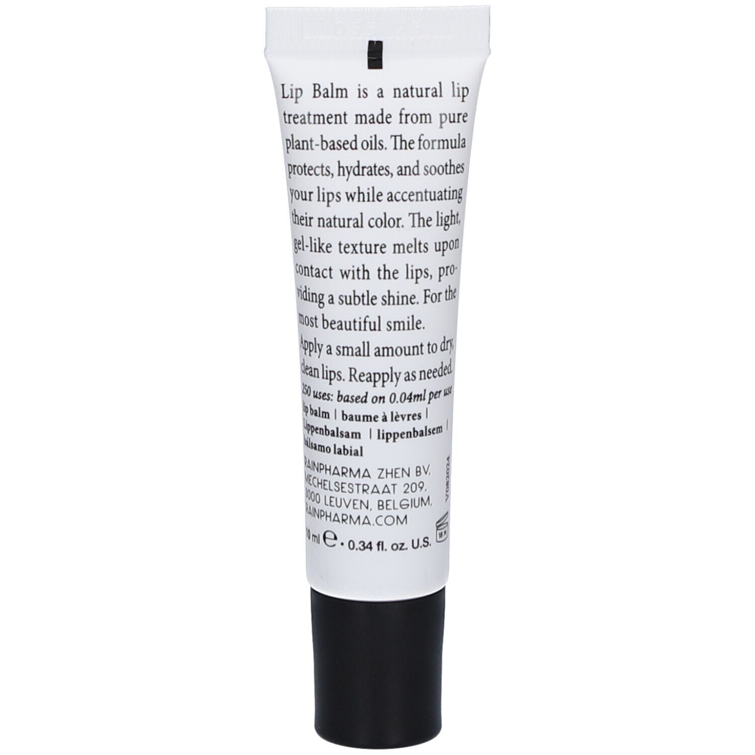 Achterkant Rainpharma Lip Balm tube. Tekst: Lip Balm is een natuurlijke lipverzorging. 10 ml. Ingrediënten.