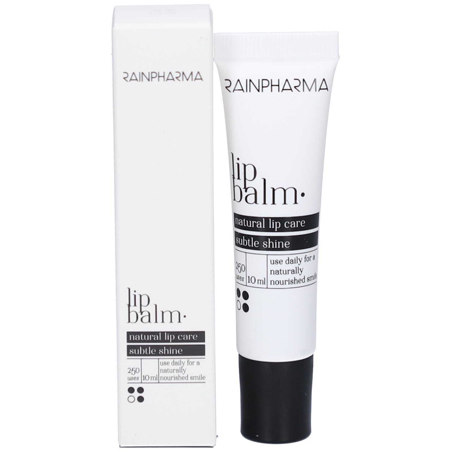 Rainpharma Lip Balm tube en doos. Wit, zwarte dop. Tekst: Lip balm, natural lip care, subtle shine. 10 ml.