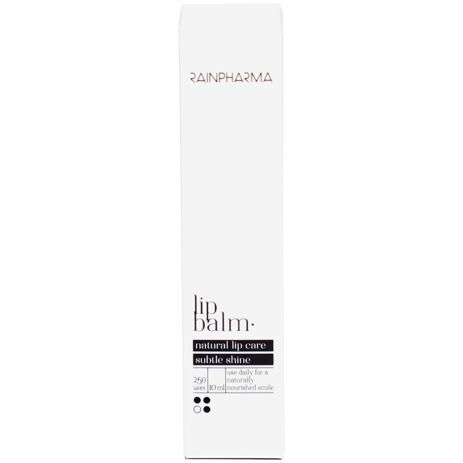 Rainpharma Lip Balm doos. Wit. Tekst: Lip balm, natural lip care, subtle shine. 10 ml.