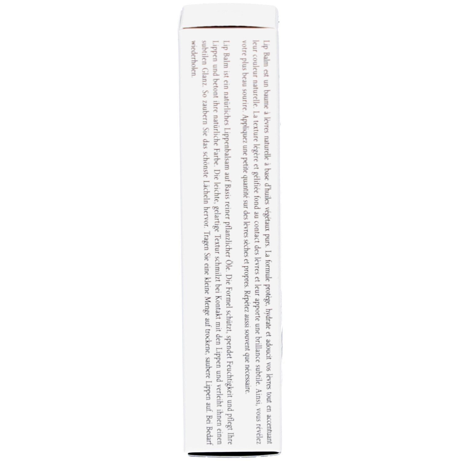 Achterkant Rainpharma Lip Balm doos. Tekst in meerdere talen. Ingrediënten.