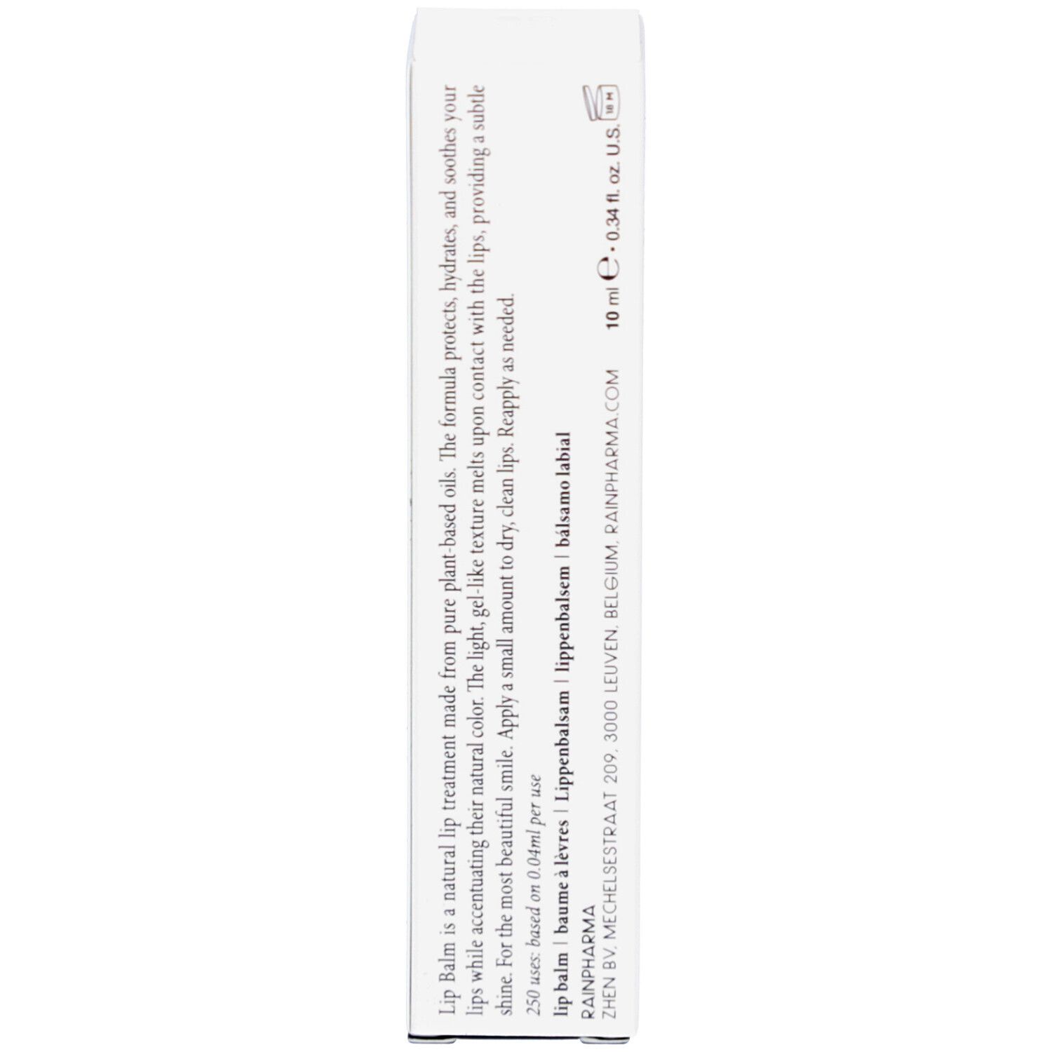 Zijkant Rainpharma Lip Balm doos. Tekst: Lip Balm is een natuurlijke lipverzorging. 10 ml. Ingrediënten.