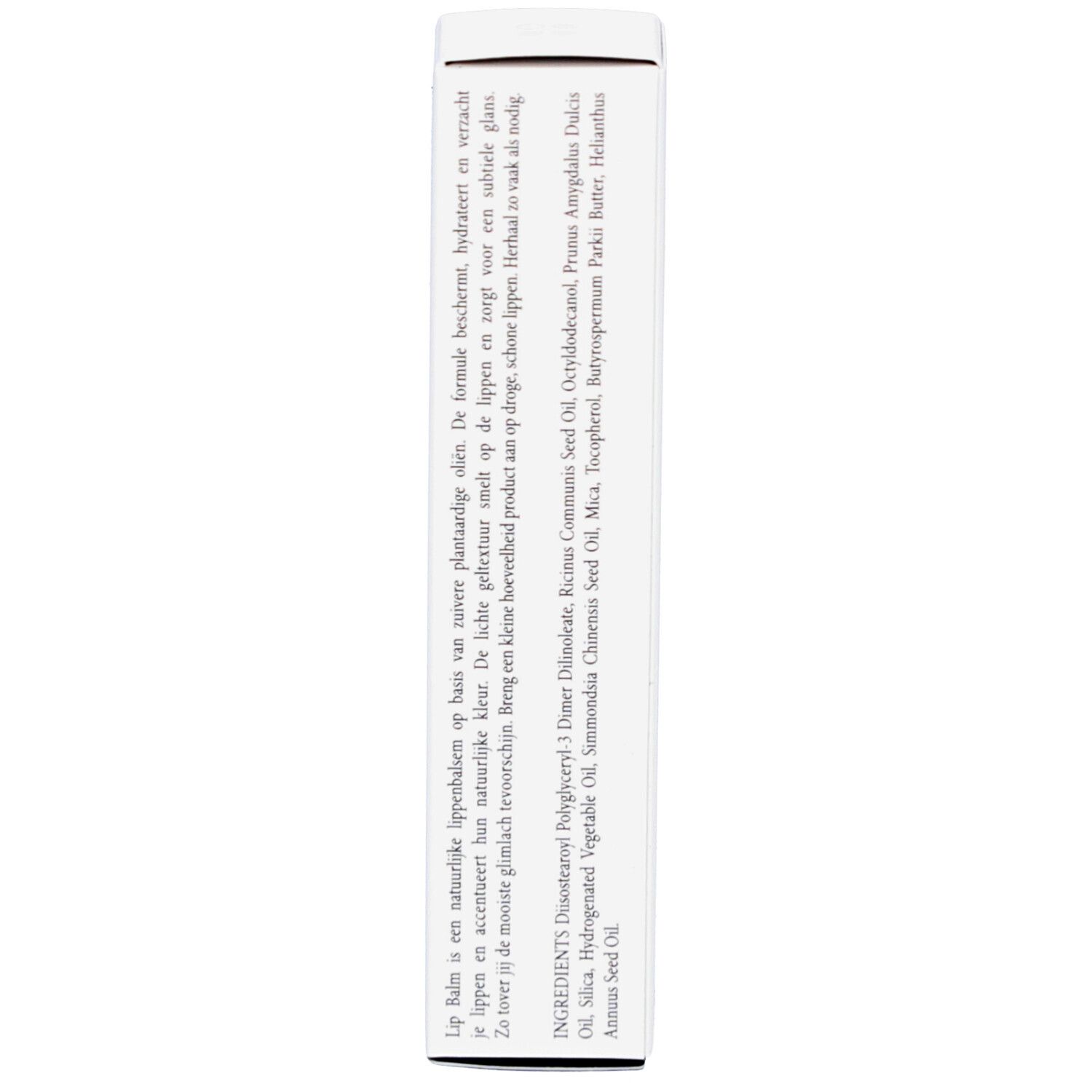 Zijkant Rainpharma Lip Balm doos. Ingrediënten.