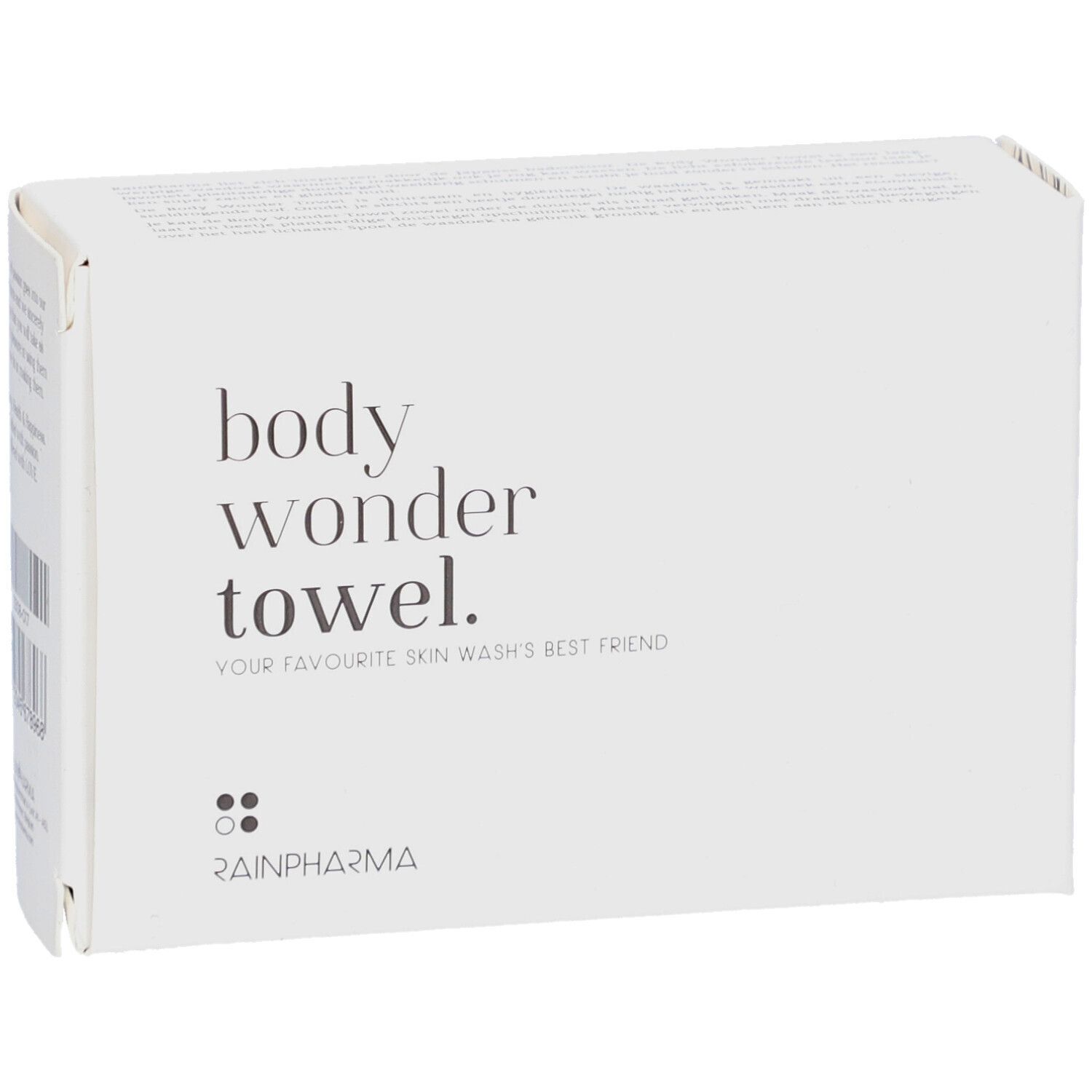 Emballage blanc avec texte : "body wonder towel.", "YOUR FAVOURITE SKIN WASH'S BEST FRIEND". Logo Rainpharma.