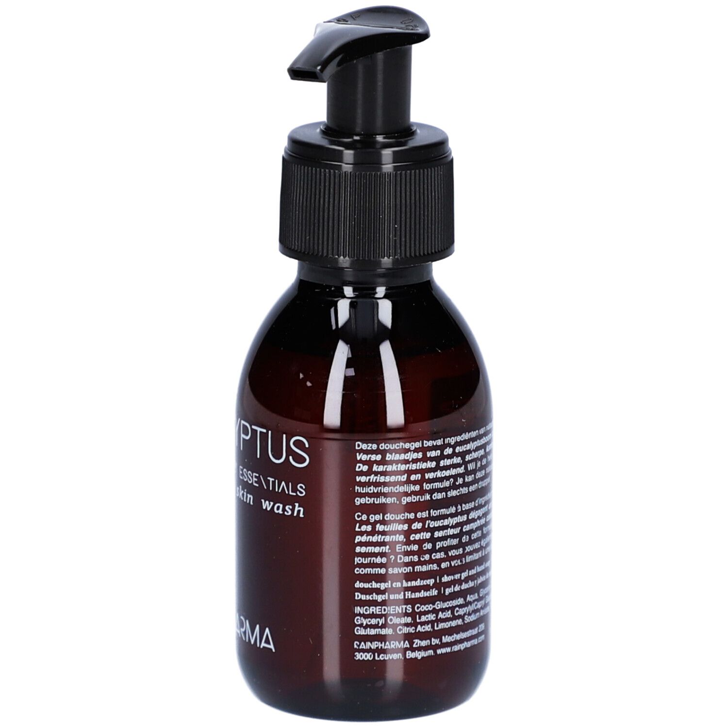 Bruine fles met zwarte pomp. Opschrift: Eucalyptus Essentials Skin Wash. Merk: Rainpharma.