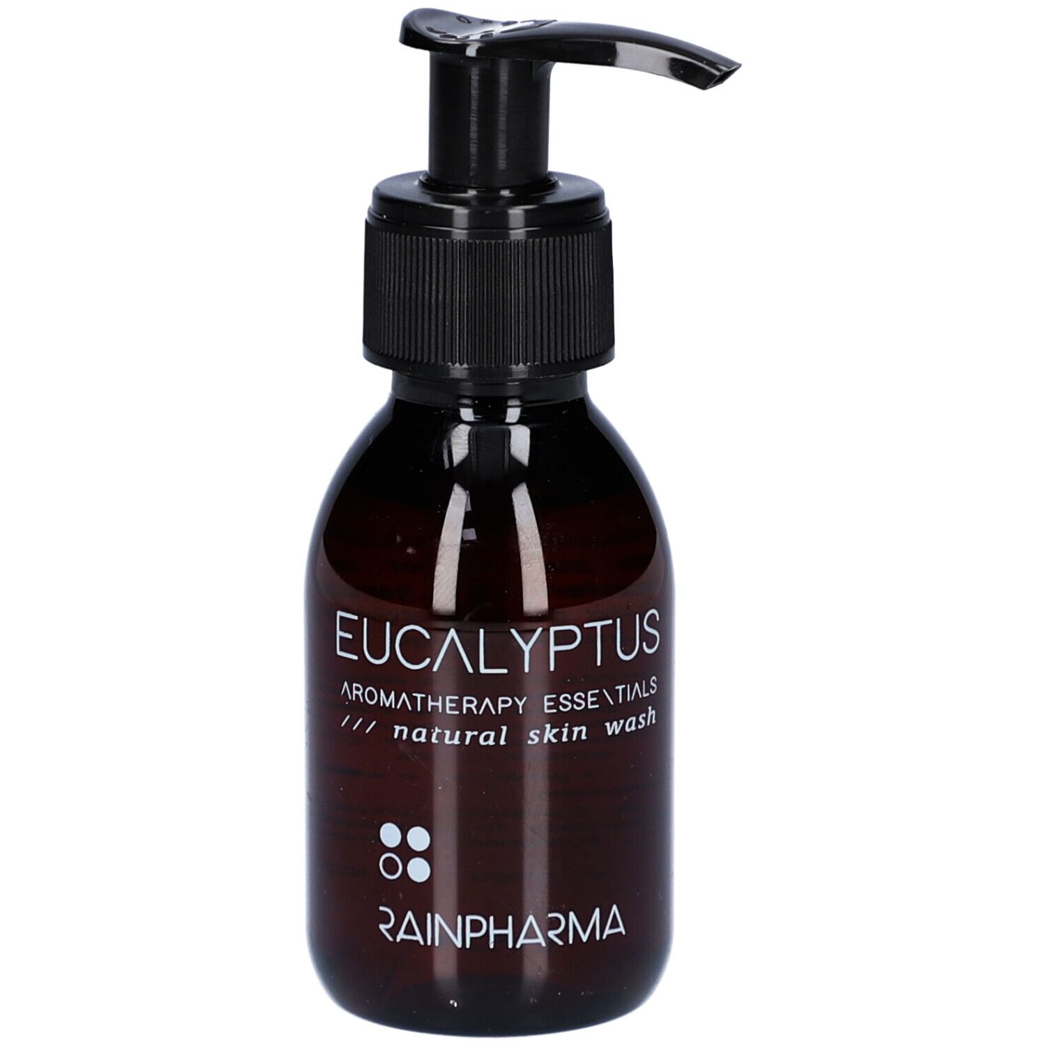 Bruine fles met zwarte pomp. Opschrift: Eucalyptus Aromatherapy Essentials natural skin wash. Merk: Rainpharma.