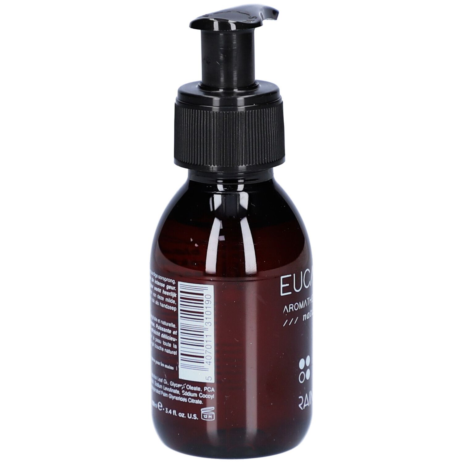 Bruine fles met zwarte pomp. Opschrift: Eucalyptus Aromatherapy Essentials natural skin wash. Barcode en merk: Rainpharma.