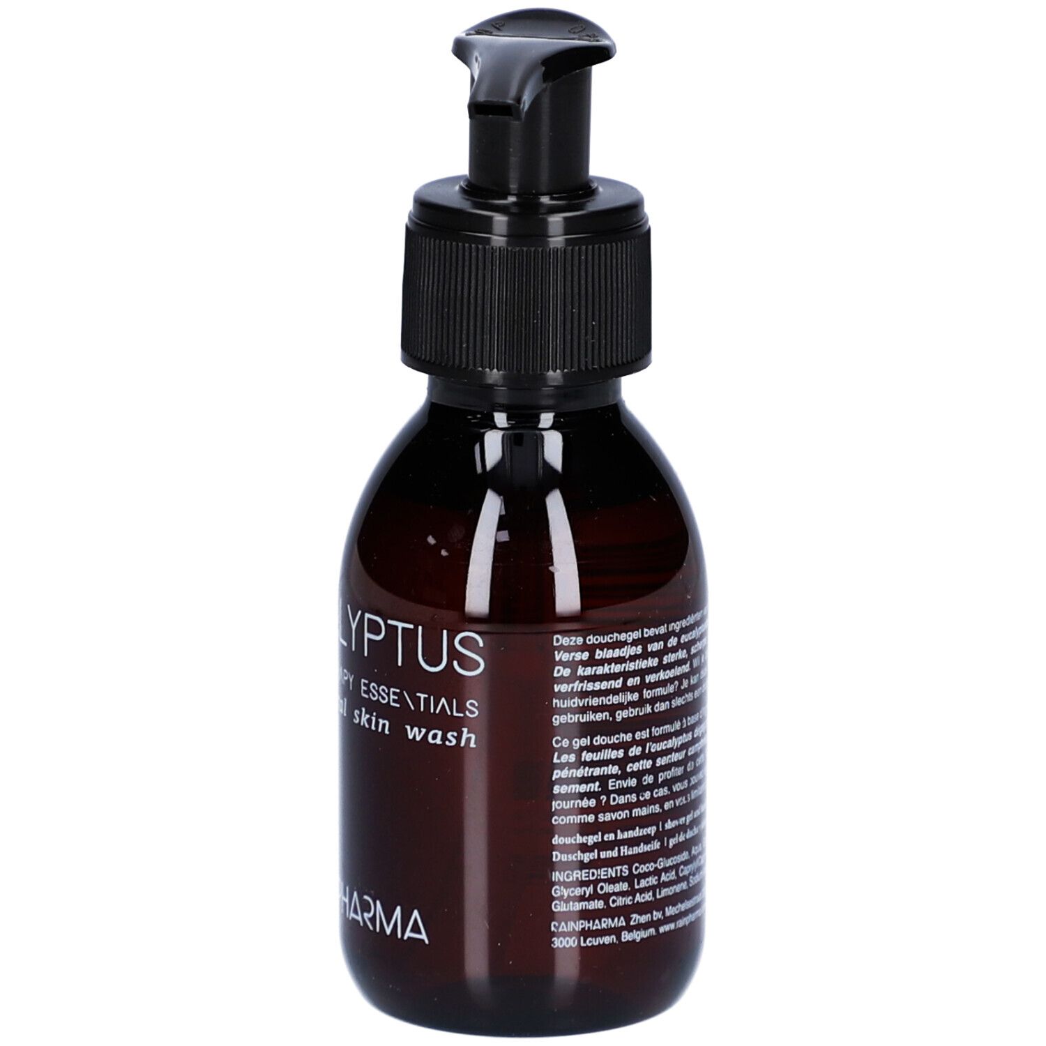 Bruine fles met zwarte pomp. Opschrift: Eucalyptus Essentials Skin Wash. Merk: Rainpharma.