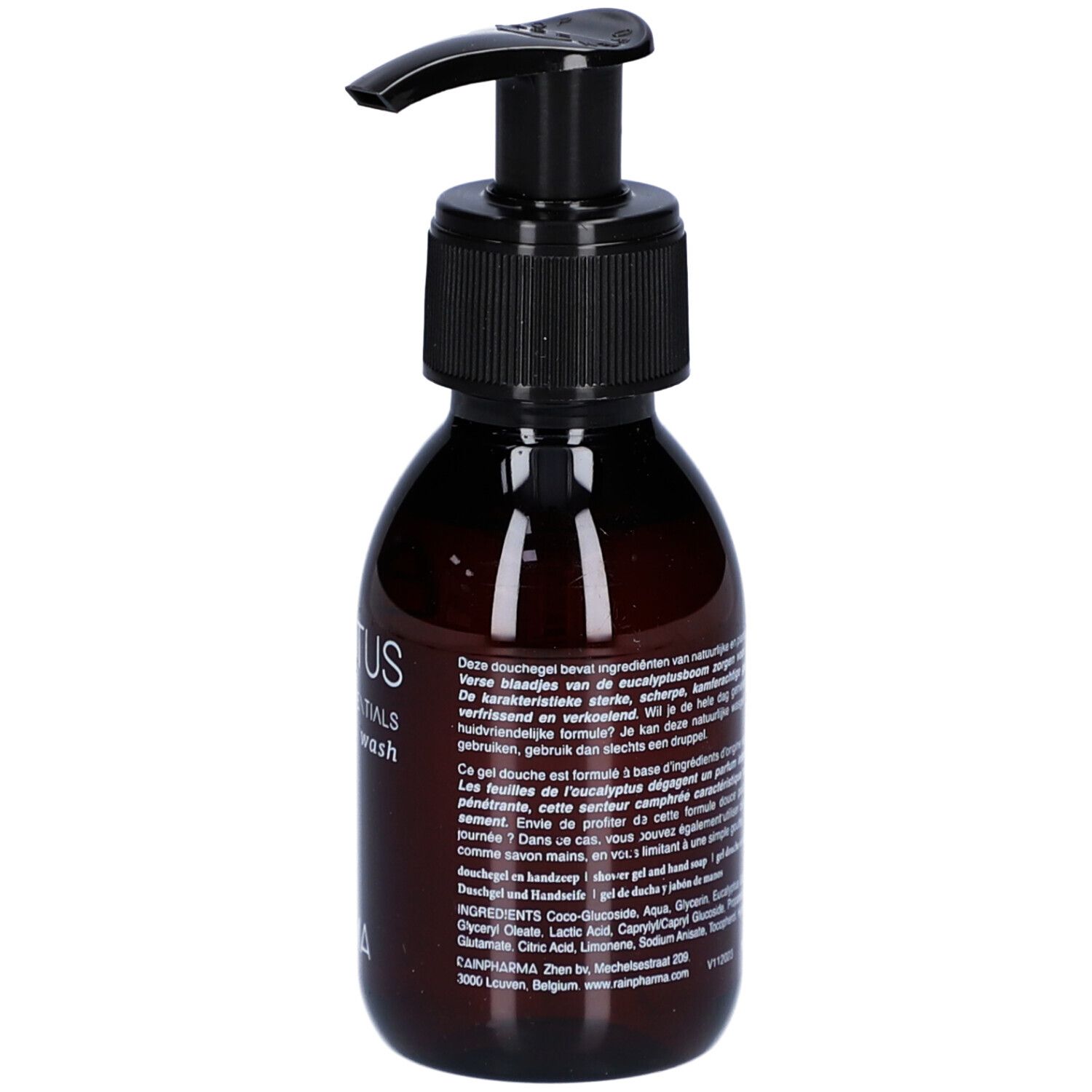 Bruine fles met zwarte pomp. Opschrift: Eucalyptus Essentials Skin Wash. Merk: Rainpharma. Tekst op de achterkant.