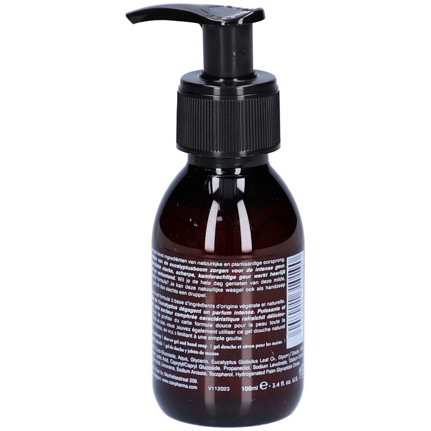 Bruine fles met zwarte pomp. Opschrift: Eucalyptus Essentials Skin Wash. Merk: Rainpharma. Tekst op de achterkant.