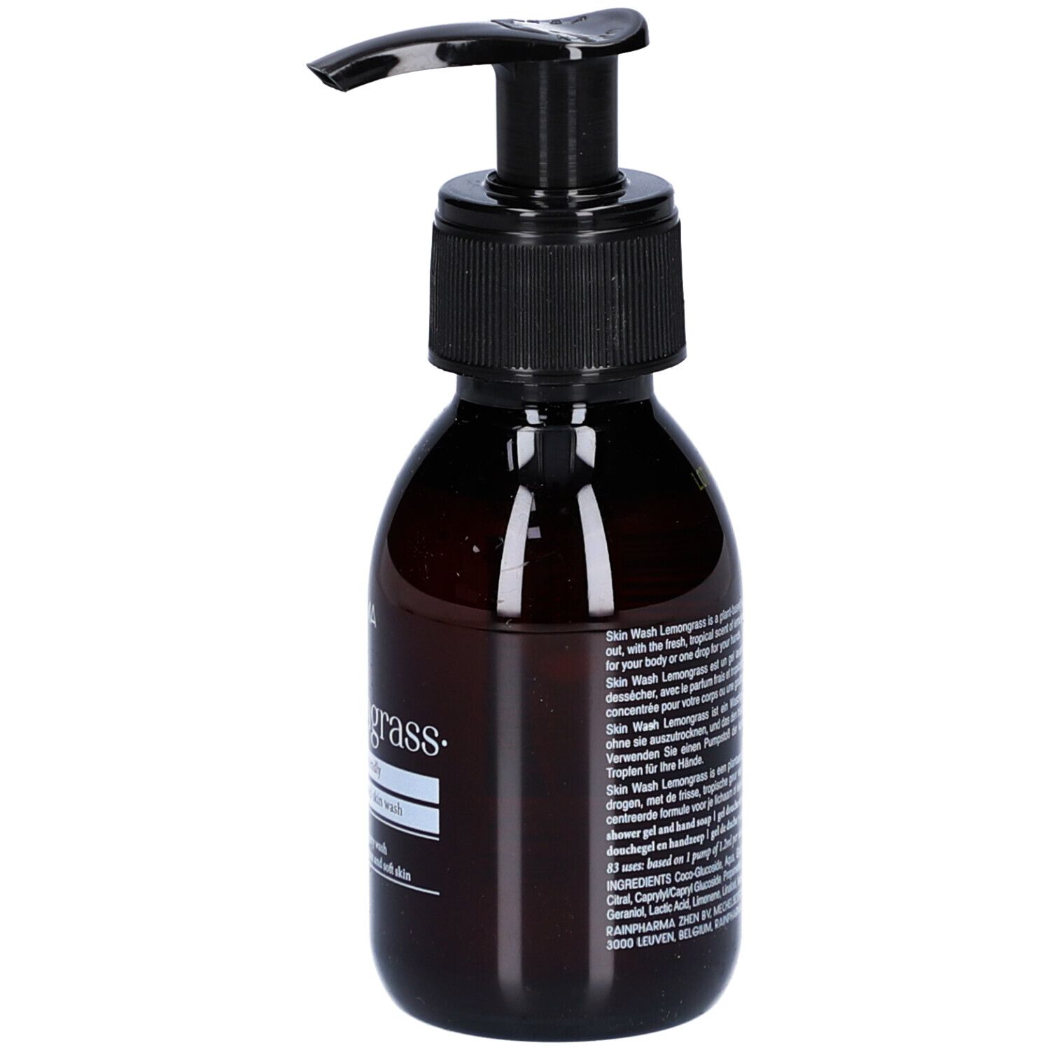 Bruine fles met zwarte pomp. Opschrift: Skin Wash Lemongrass. Tekst in meerdere talen.