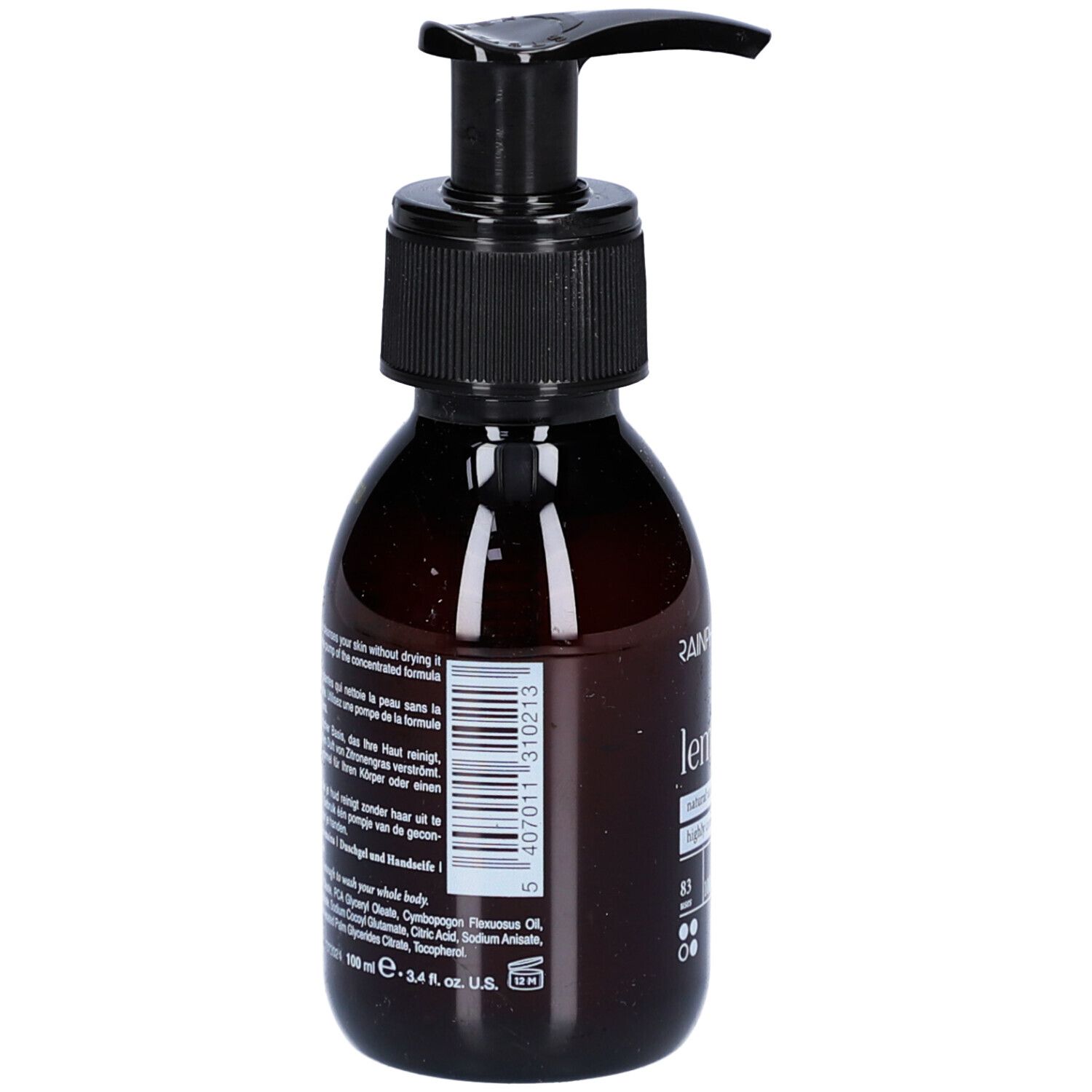 Bruine fles met zwarte pomp. Achterkant met tekst in meerdere talen en barcode.