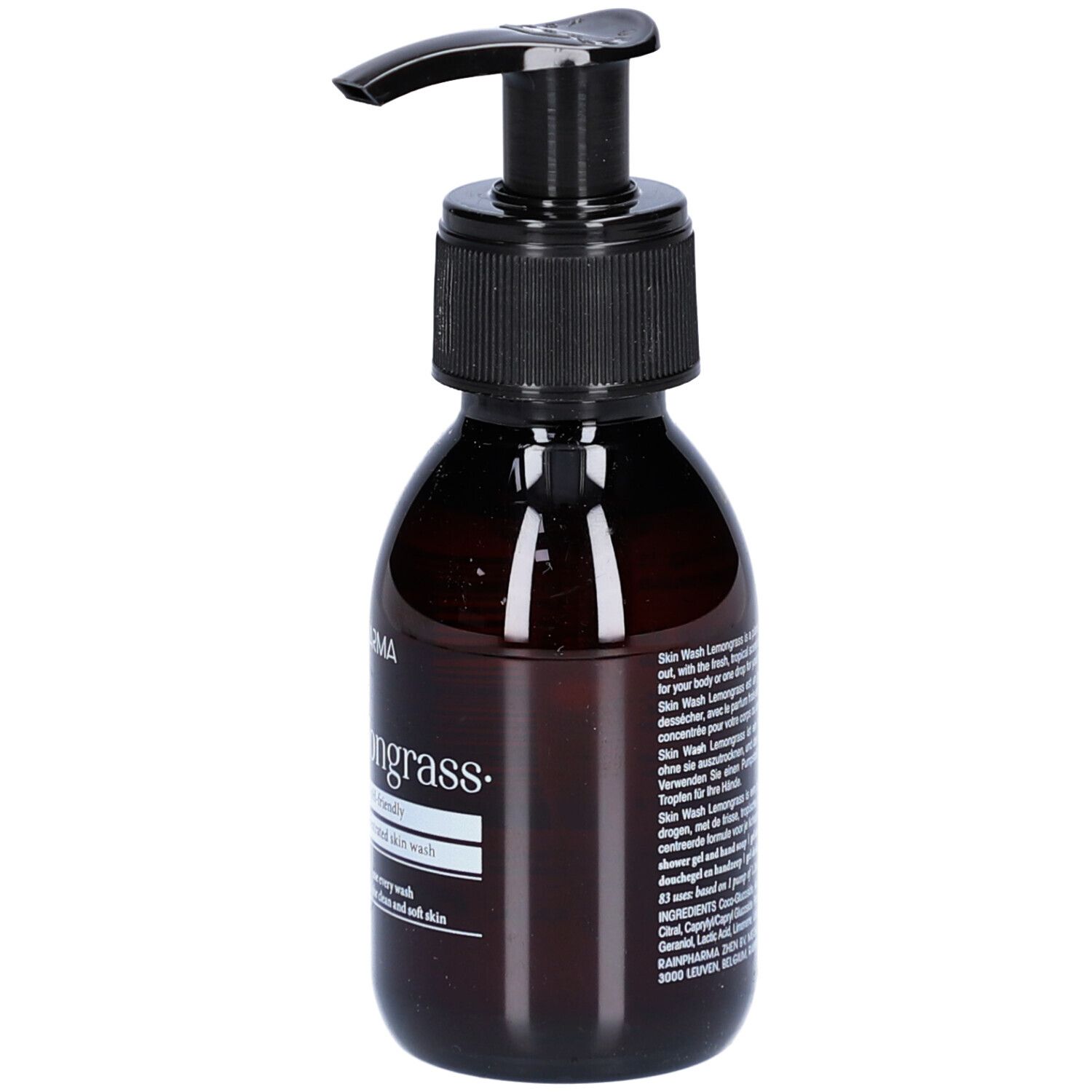 Bruine fles met zwarte pomp. Opschrift: Rainpharma, Lemongrass, natural and pH-friendly, highly concentrated skin wash.