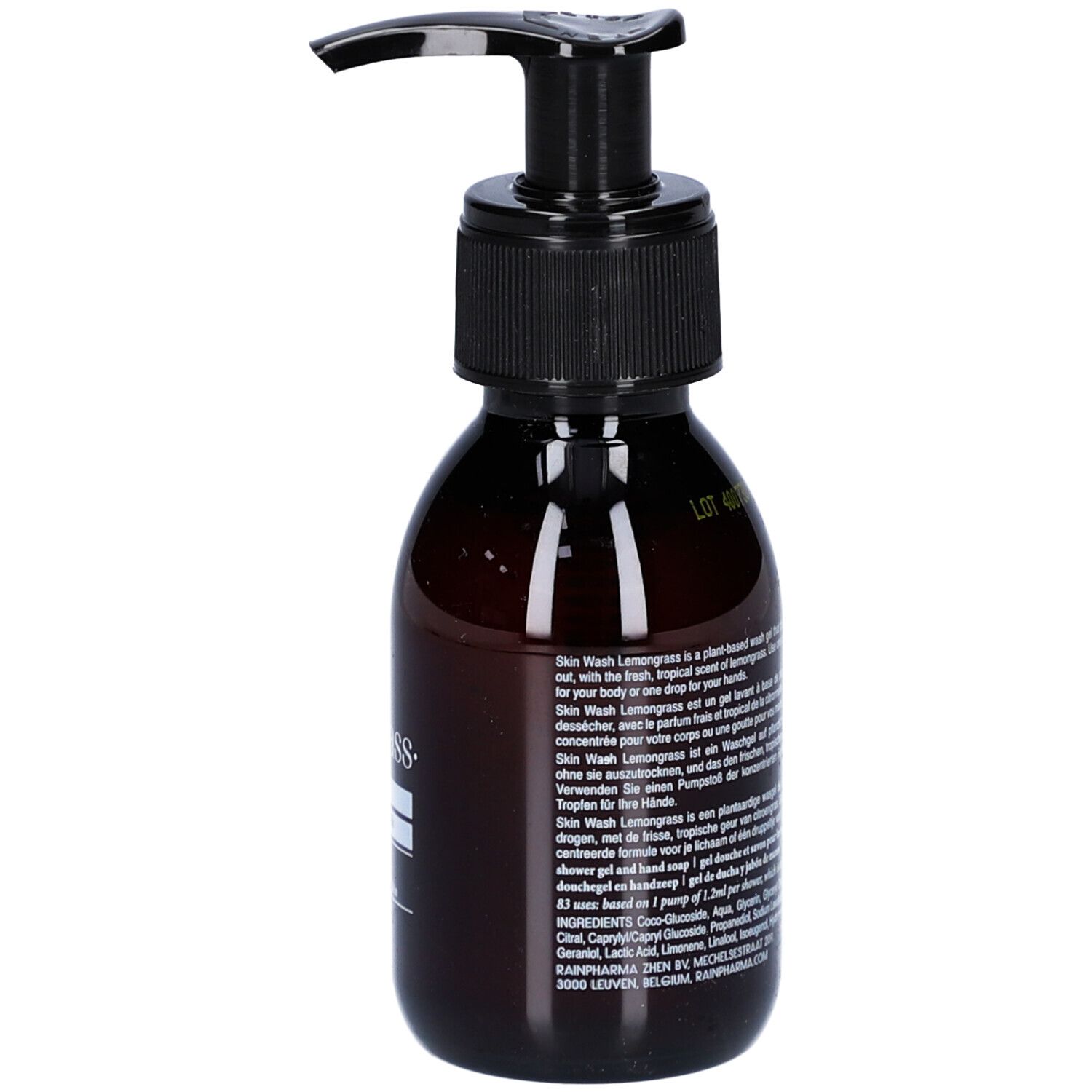 Bruine fles met zwarte pomp. Tekst in meerdere talen. Opschrift: Skin Wash Lemongrass.